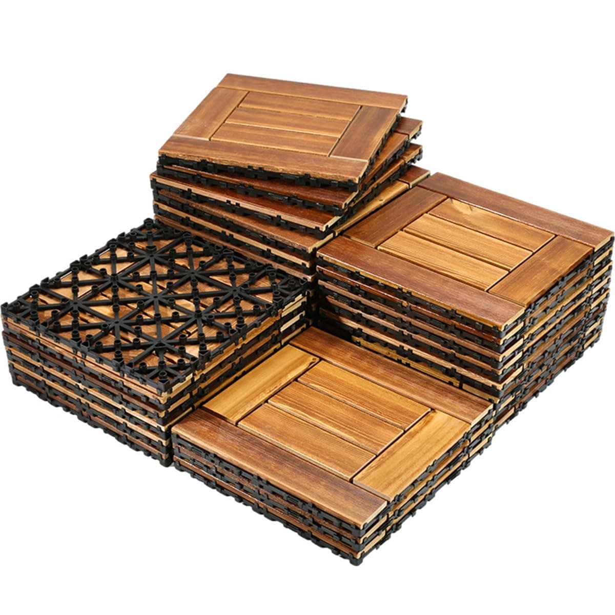 Wooden Decking Tiles Interlocking Floor Tiles Waterproof Hardwood Deck Tiles with Snap & Plastic Base for Home Office Outdoor Patio Garden Balcony Backyard Porch Yard Swimming Pool (10 Pack)