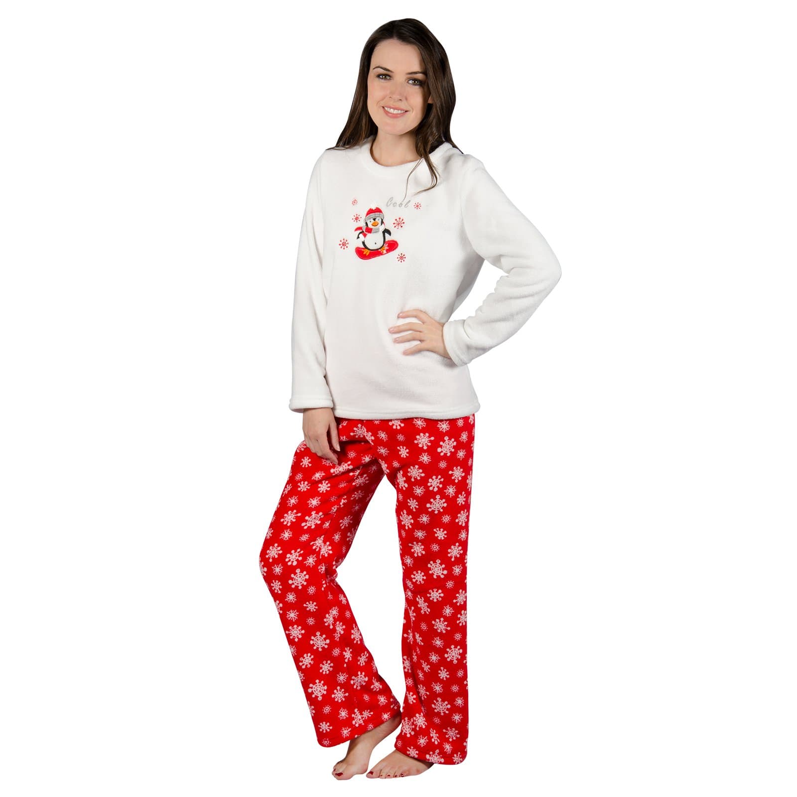 Ladies Chilly Penguin Fleece Pyjama Set PJs White Top & Red Bottoms Nightwear M