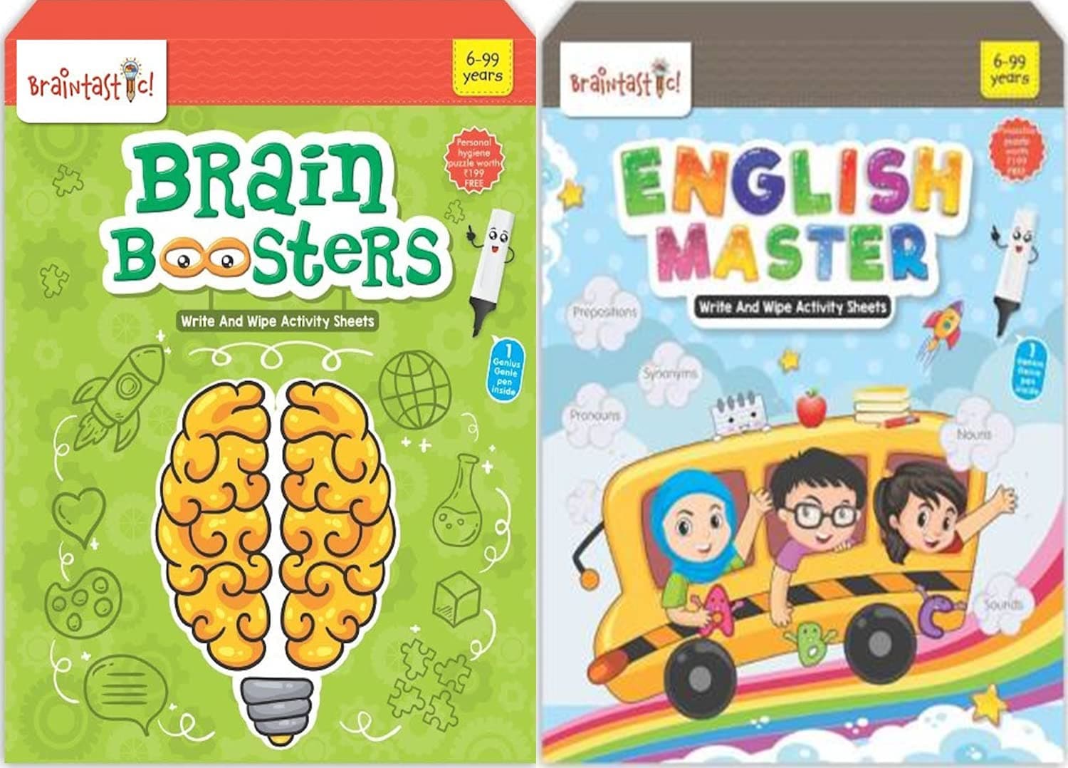 Braintastic Educational Game/Toys: Combo of Math Master and English Master Write & Wipe Reusable Activity Sheets with Free Puzzle for Kids 5+ Years Age (Brain Booster & English Master)