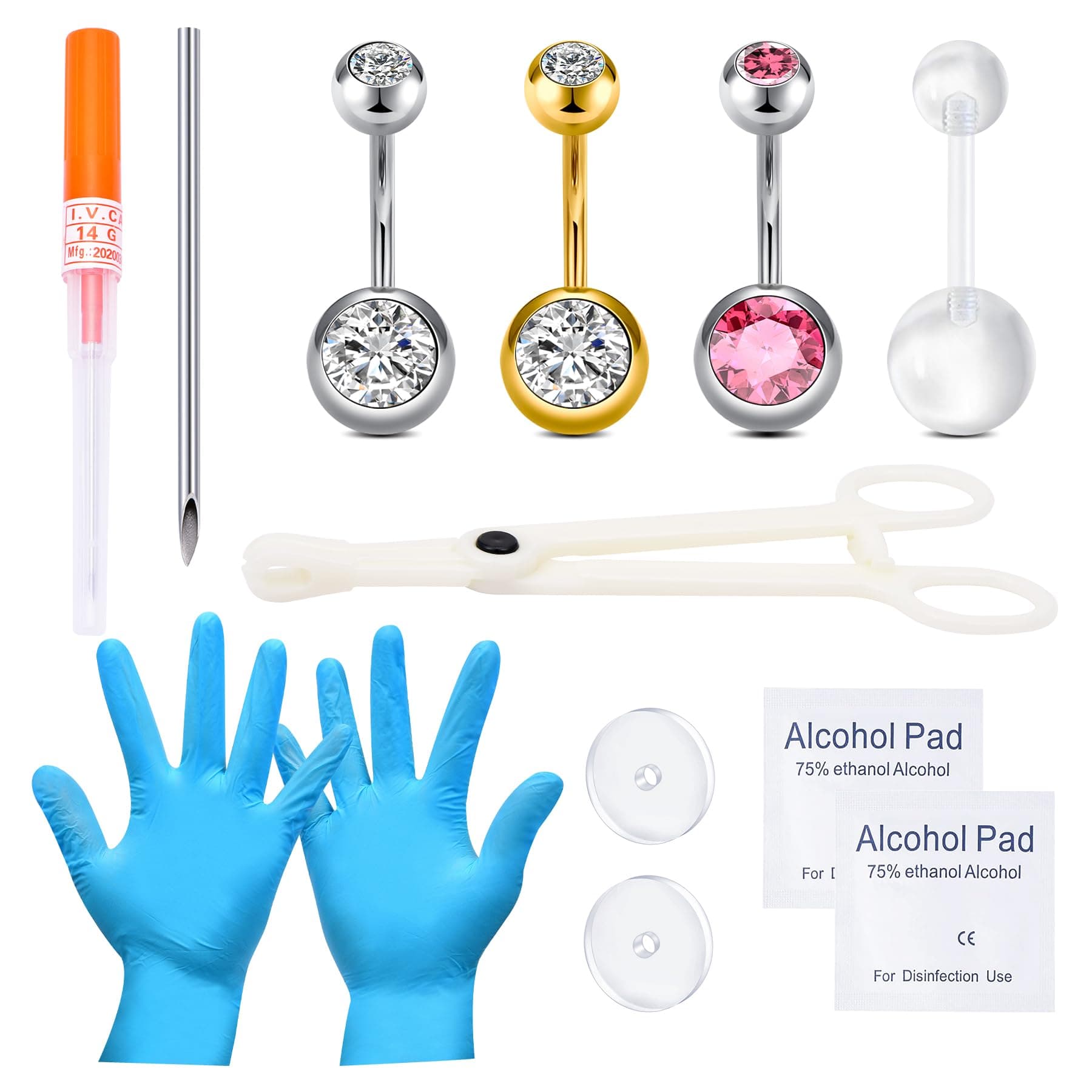 QWALIT Belly Piercing Kit - Belly Button Ring Kit with 14 Gauge Needle - Silver & Gold Options