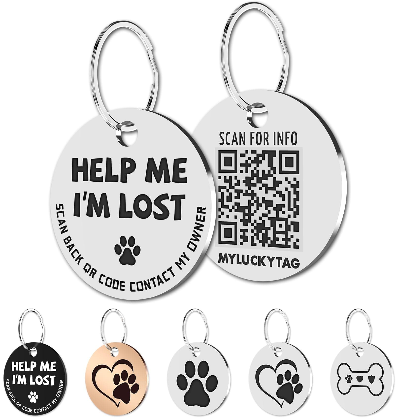 MYLUCKYTAG Stainless Steel QR Code Pet ID | Dog & Cat Collar Tag | Personalized Online Profile | Scanned Location Alert Email | Durable & Waterproof