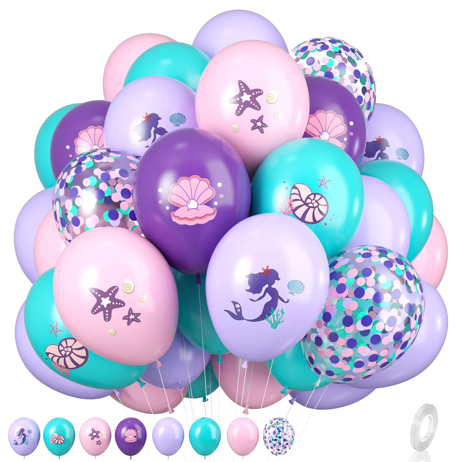 Mermaid Party Balloons - Purple Pink Teal Balloons with Conch Shell Starfish Print for Under the Sea Theme Birthday Party Supplies