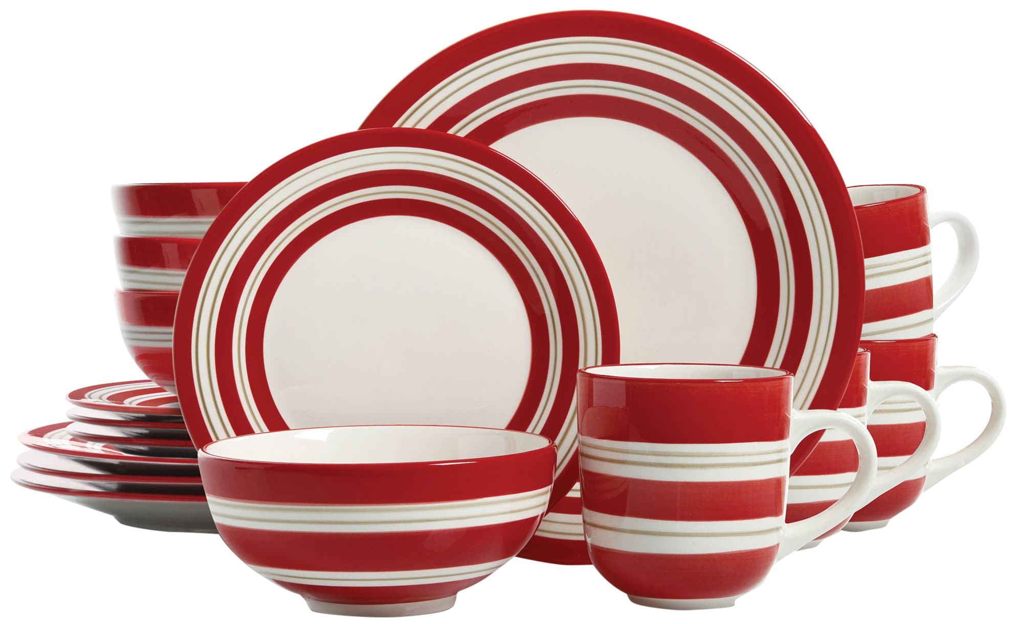Gibson Studio Sunset Stripes 16 Piece Dinnerware Set, Red