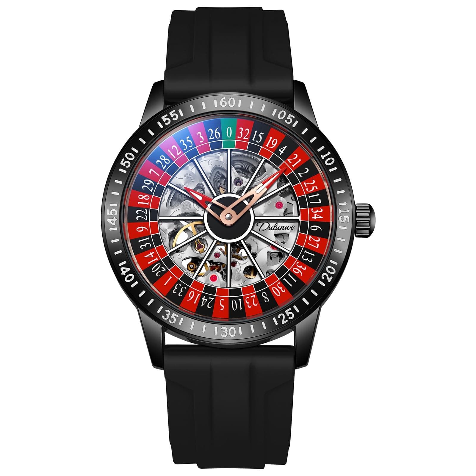 Mens Gambling Automatic Mechanical Skeleton Hollow Waterproof Luminous Watch Stainless Steel Band Self Winding Roulette Wheel Business Casual Wristwatch