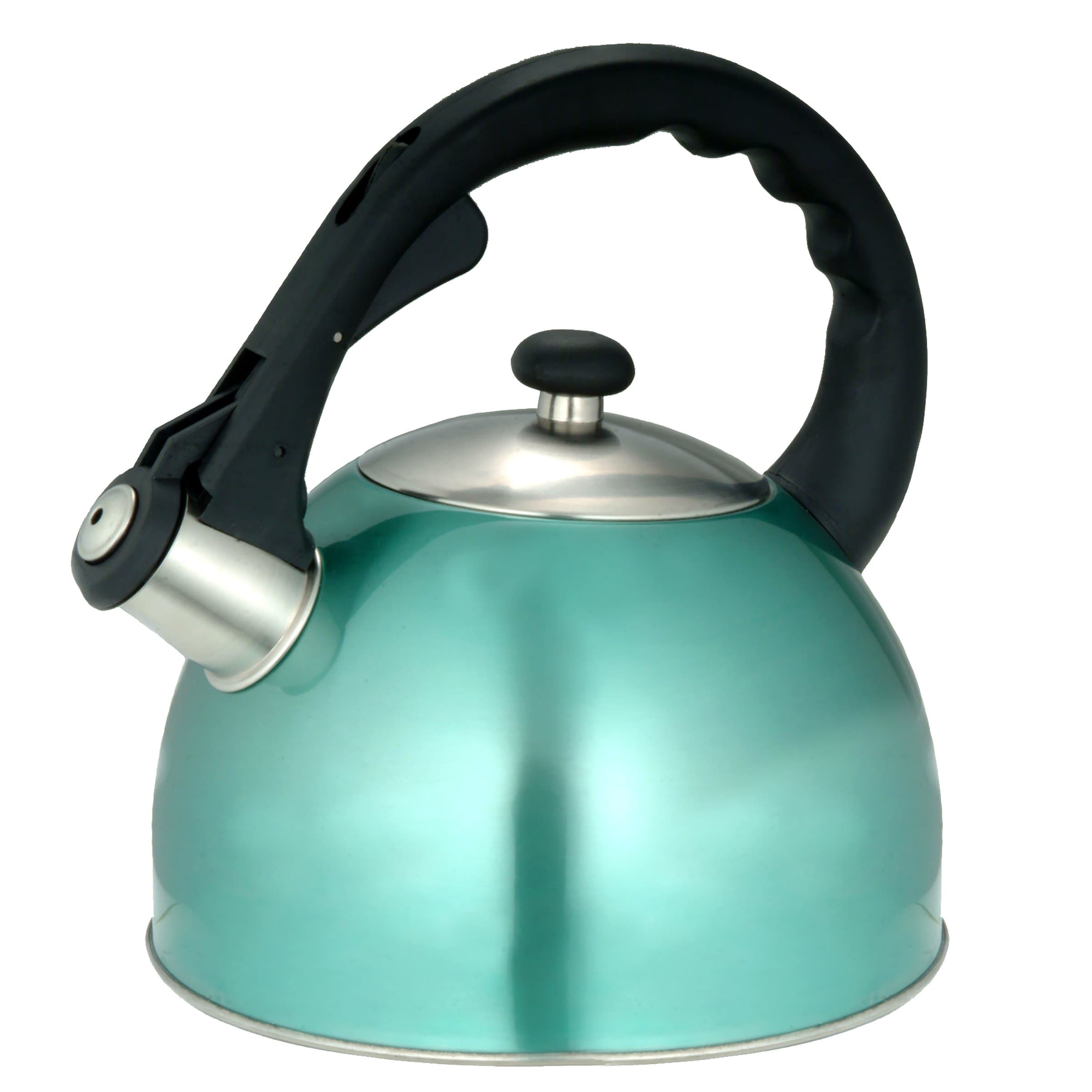 2.8 Quart Stovetop Whistling Tea Kettle, Premium Stainless Steel tea pot, Fast Boiling Water, Ergonomic Handle With Button-Control Spout, Even Heat Distribution, Aqua
