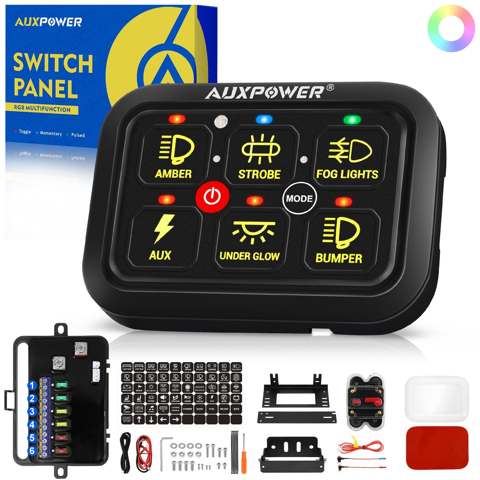 Auxpower 6 Gang Switch Panel Toggle Momentary Pulsed Led Switch Panel RGB Dimmable Switch Panel Auxiliary Circuit Control Relay System Automotive Switch Panel for Truck Boat Car(RGB A26 Switch Panel)