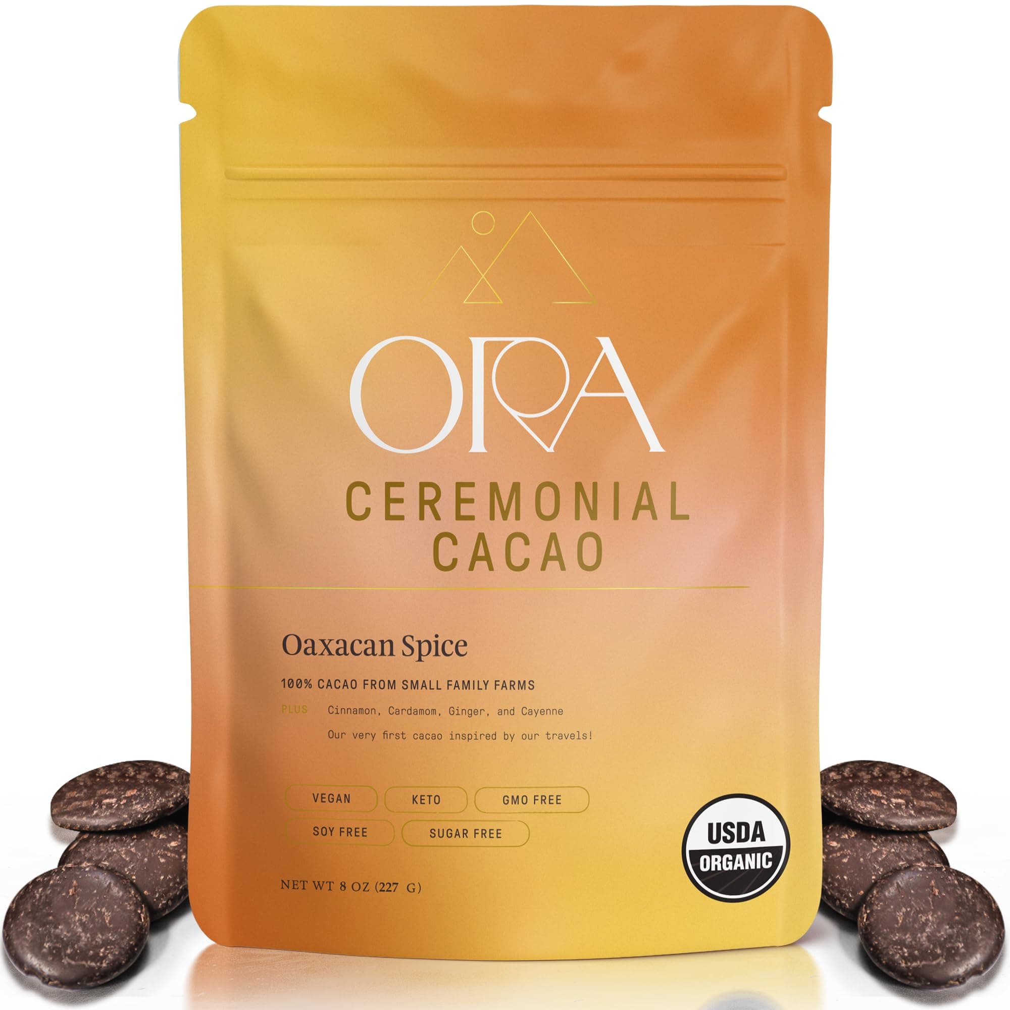 ORA Ceremonial Cacao - Oaxacan Spice - Organic 100% Cacao with Cinammon, Cardamom, Ginger - Ethical - High Flavanol - Unsweetened - Heavy Metals Tested - 8oz