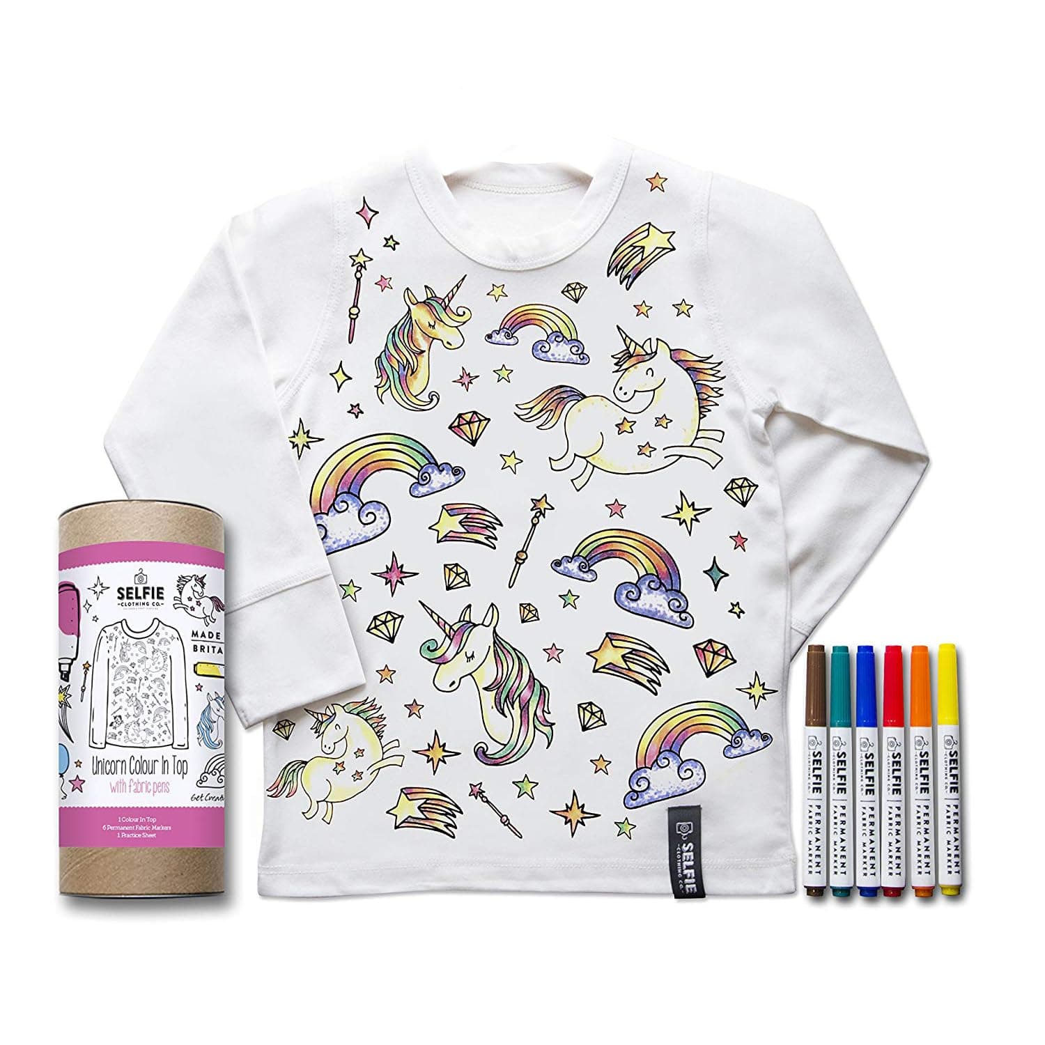 Selfie Clothing Co. White Coloring Shirt - Complete Gift Set with Fabric Markers - Model: Unicorn (Size 4-6 Years), white, One Size
