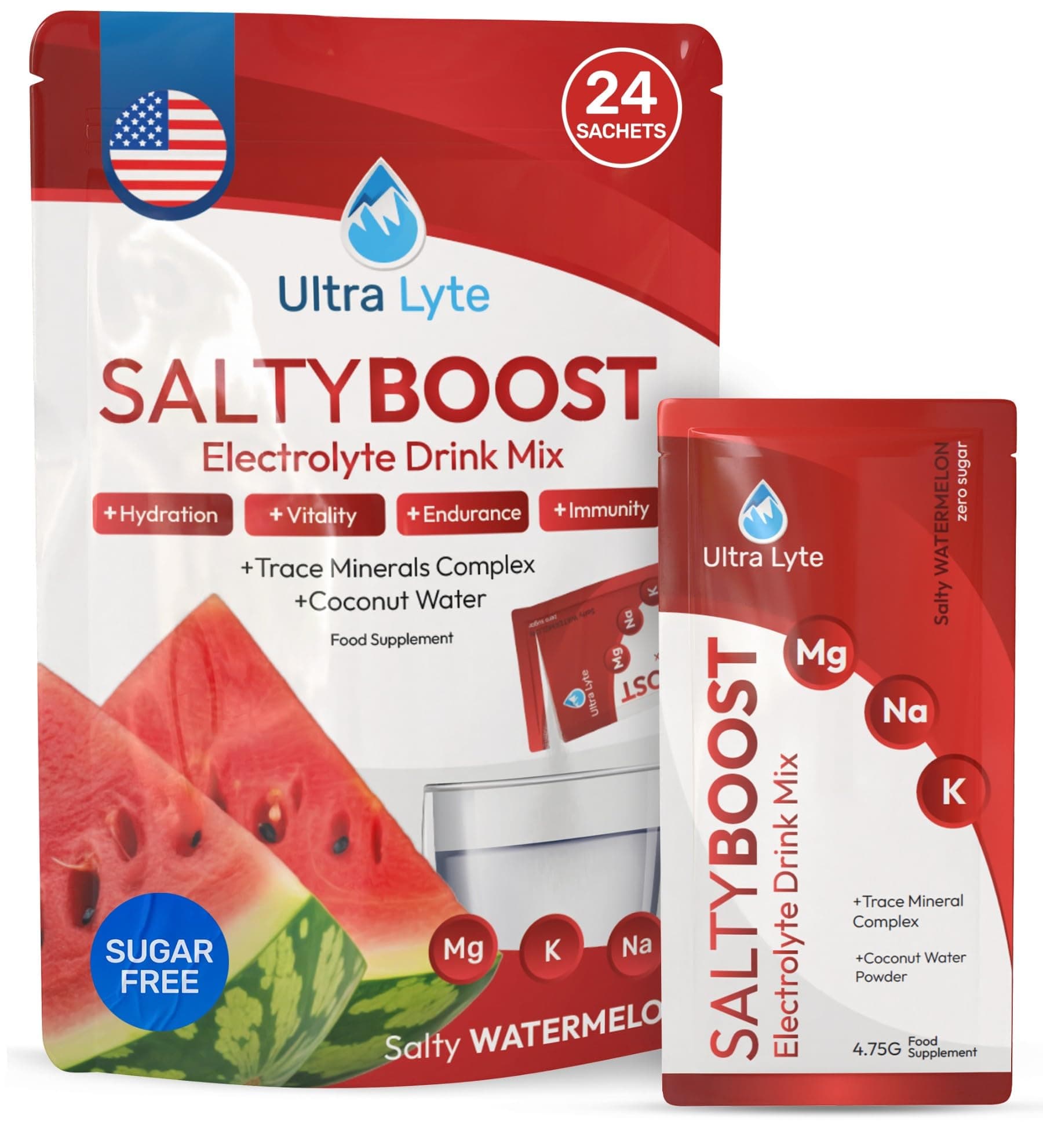 Electrolytes Drink Mix - Sugar-Free Salty Watermelon Powder - 24 Sachets with High Sodium, Trace Minerals, and Coconut Water - Hydration for Exercise, Rehydration, and Recovery