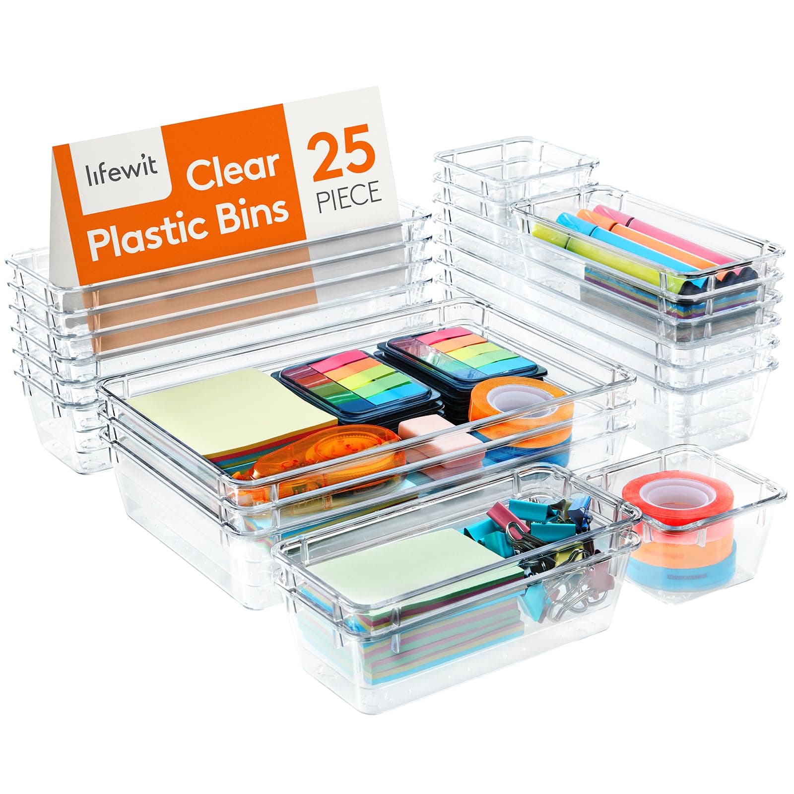 Lifewit 25 PCS Drawer Organiser Set Clear Plastic Desk Organizer Drawer Dividers Trays Dresser Storage Bins Separation Box for Makeup Organizer,Bathroom Organizer,Bedroom,And Office,No Silicone Plug
