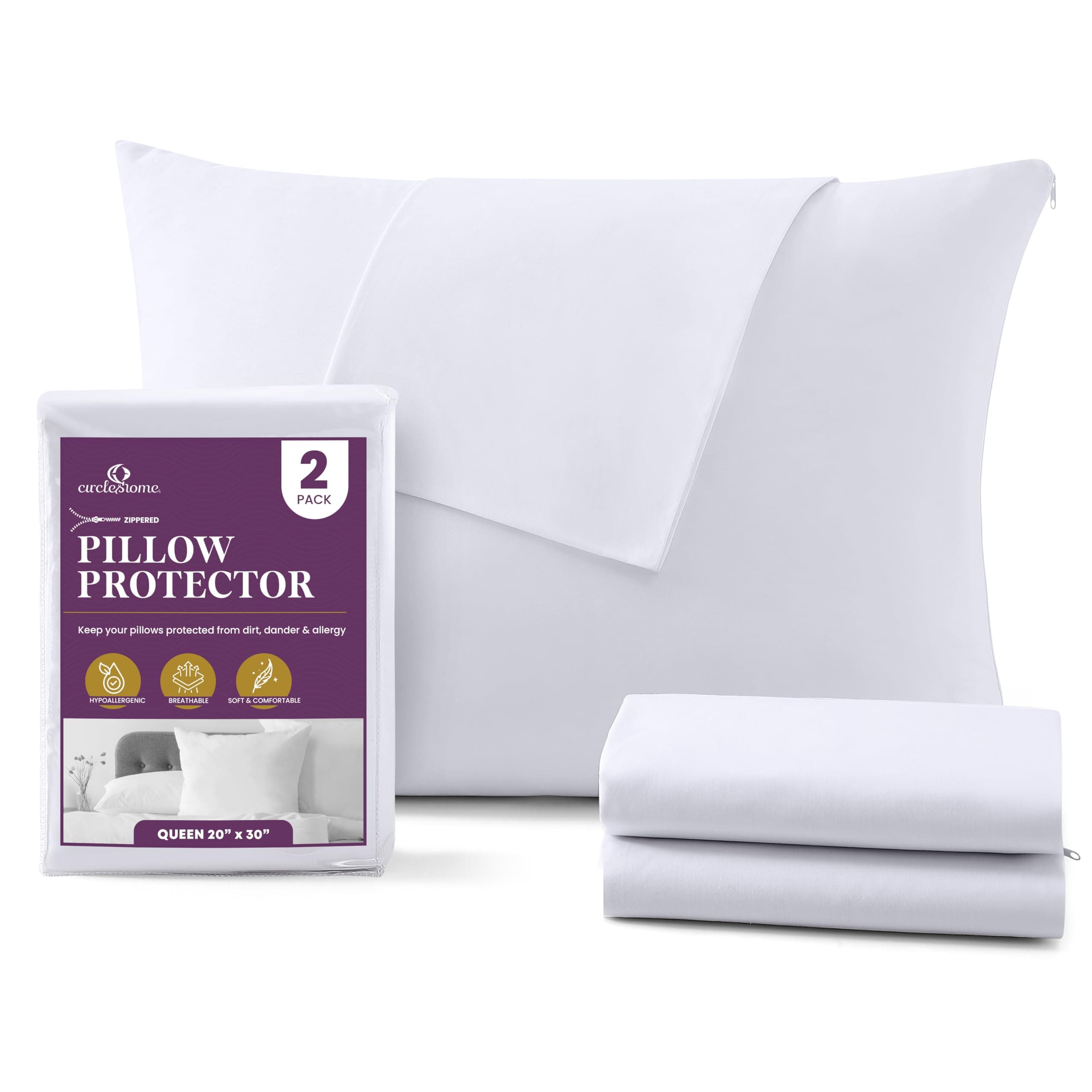 CIRCLESHOME Zippered Pillow Protectors 100% Cotton, Breathable & Quiet (2 Pack) White Pillow Covers Protects from Dirt, Particles s & Debris (Queen - Set of 2 - 20x30)