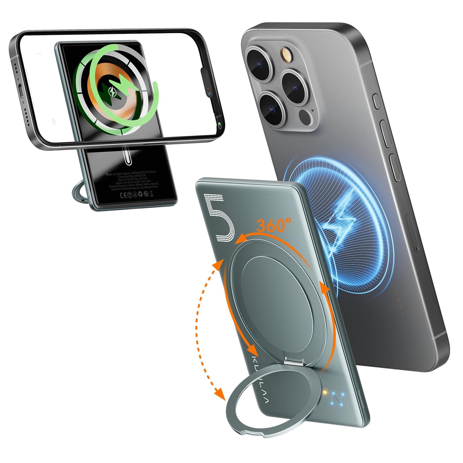 Kuulaa Magsafe Power Bank Slim 5000mAh 0.3inch Wireless Power Bank PD 20W USB C Fast Charging, Wireless Battery Pack Magnetic Portable Charger for iphone 16/15/14/13/12 Series, Grey