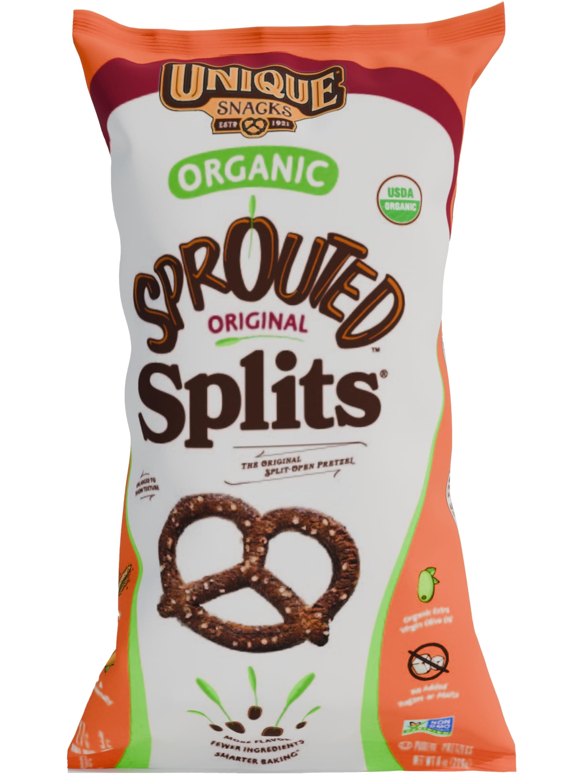 Unique Snacks Sprouted Splits Pretzels, Sprouted Pretzels, Delicious Homestyle Baked, Certified OU Kosher and Non-GMO, No Artificial Flavor, 8 Oz Bag (Pack of 3)