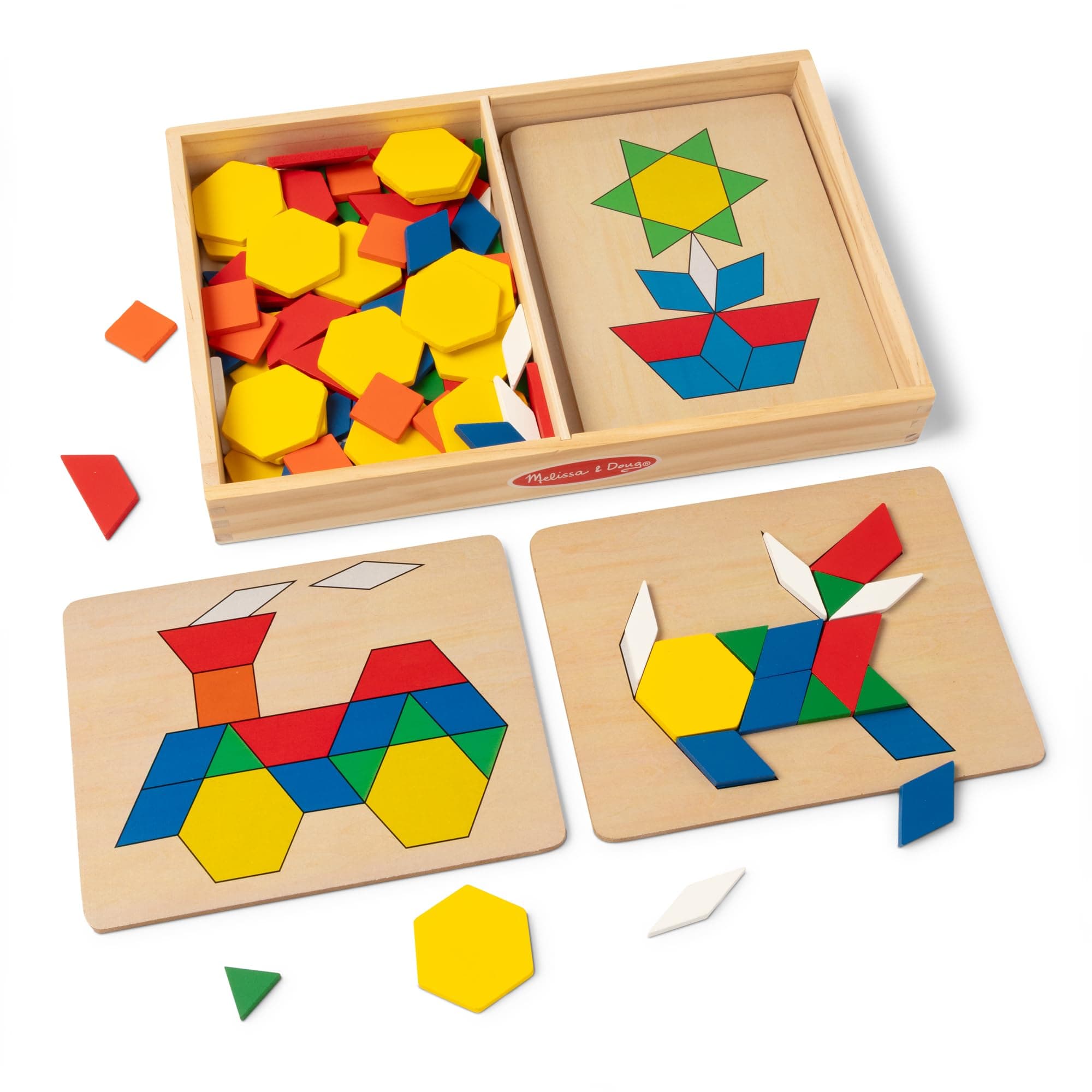 Melissa & Doug Pattern Blocks and Boards – Wooden Educational Set with 120 Geometric Shapes and 5 Double-Sided Boards – Teaches Colors, Shapes, and Patterns – Ages 3+ | MD29