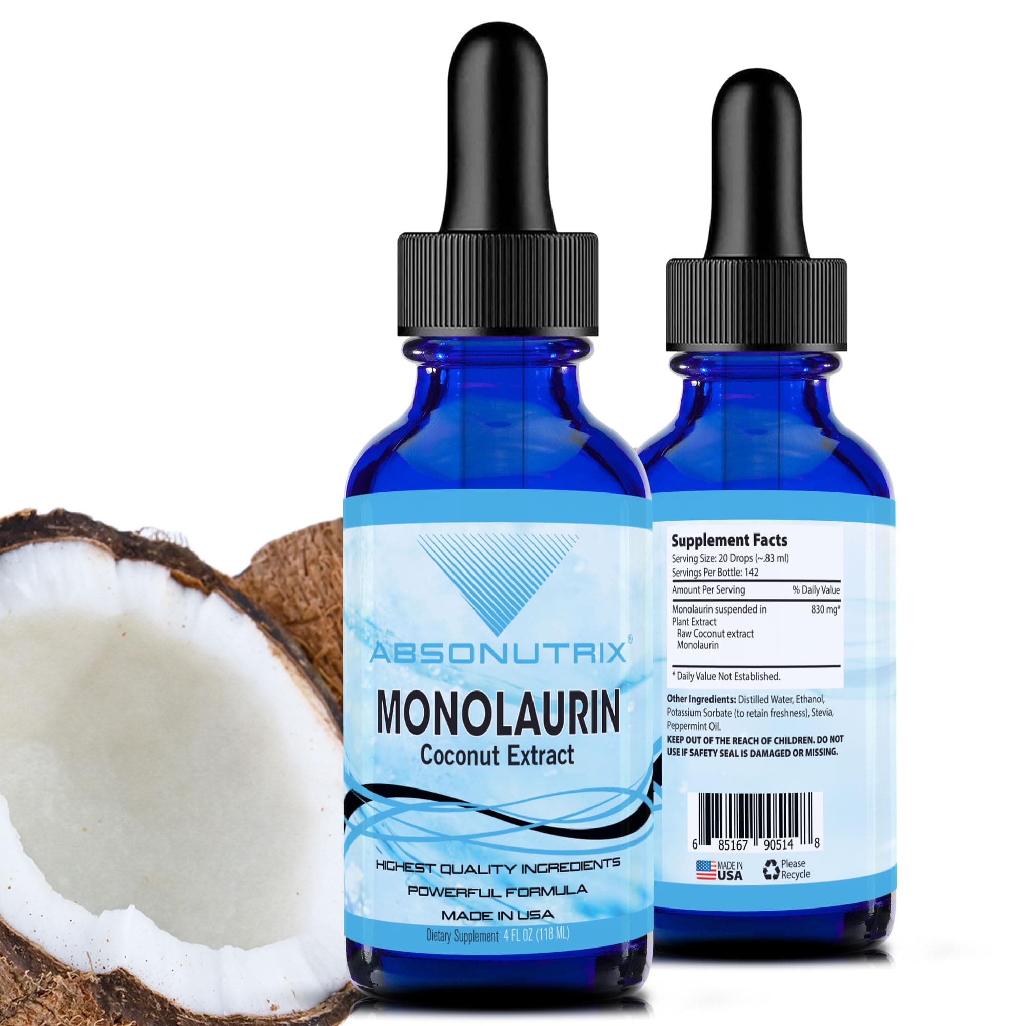 Absonutrix Monolaurin Liquid Extract - 4oz Liquid, 830 mg 142 Servings, Made in USA, Quick Absorption, Quality Potent Ingredients, Non-GMO, GMP Certified Facility, Cruelty-Free Products a