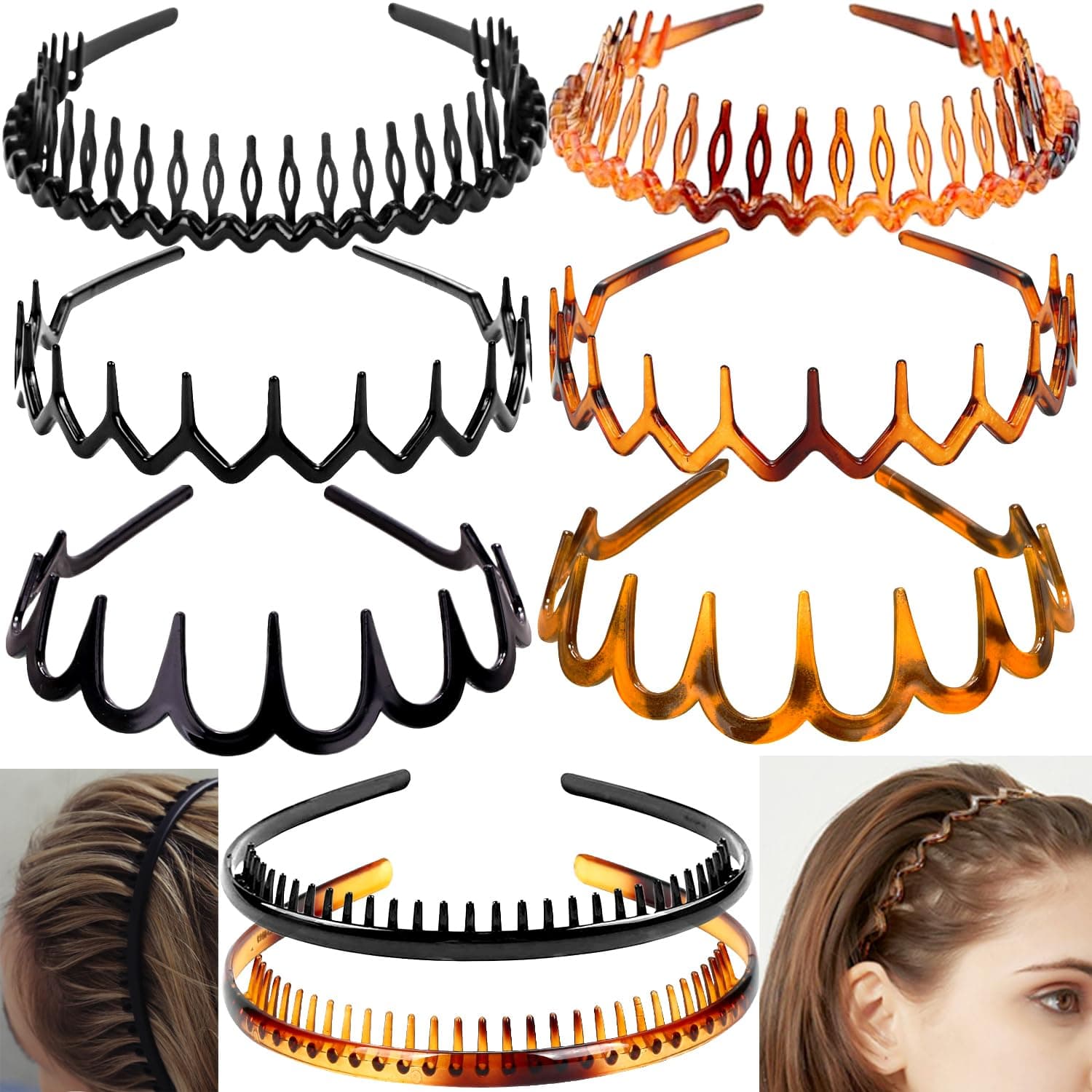 8 PCS Fashion Effortless Plastic Headbands with Teeth Comb Black Skinny Headbands No Slip Hair Accessories Bands for Women Men Teen Girls, Leopard&Bright Black