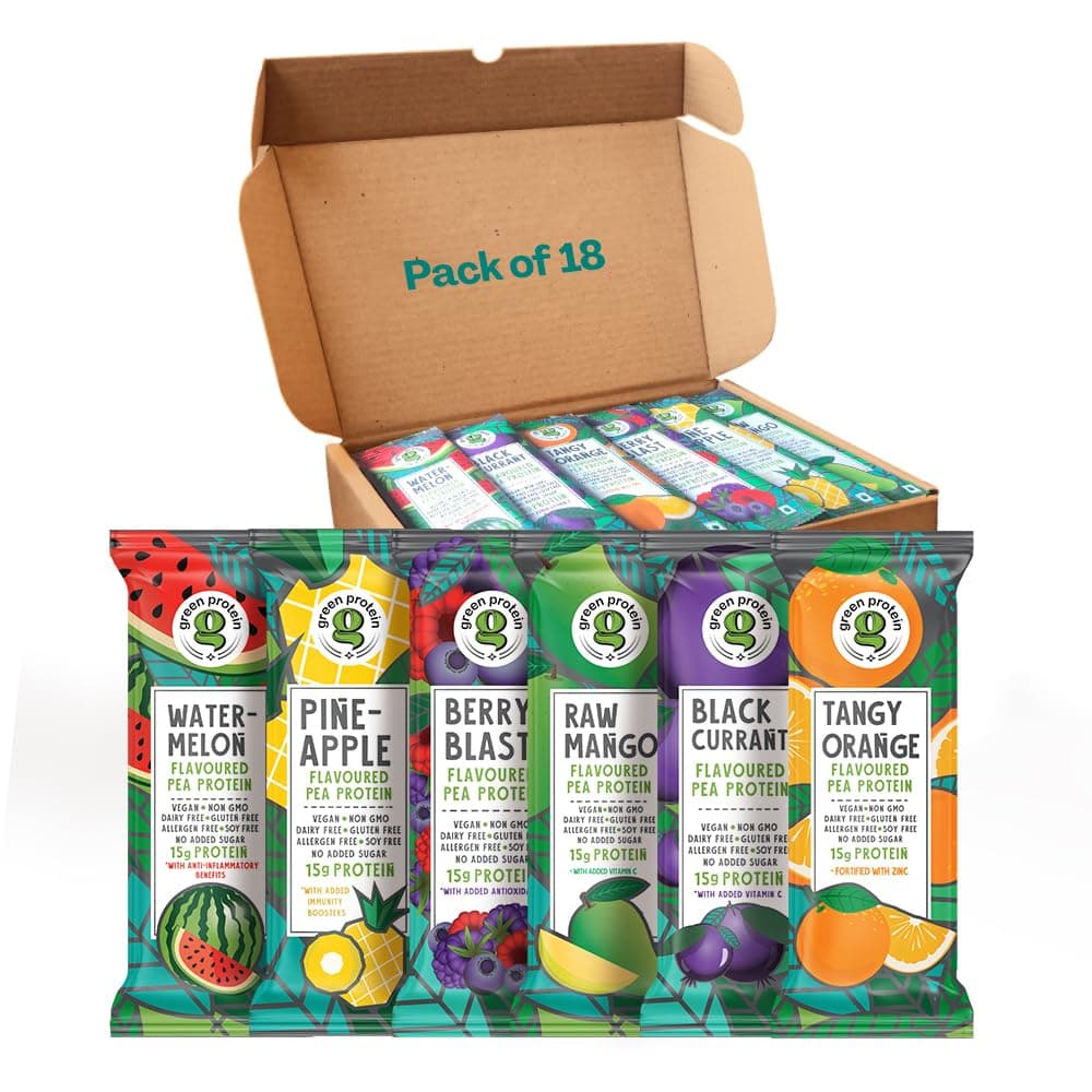 GREEN PROTEIN Pea Protein Isolate Powder Dairy, Gluten, Allergen, Soy Free Pineapple, Black Currant, Berry Blast, Watermelon, Raw Mango and Orange Flavor, 6 Flavors x 3 Sachets, Pack Of 18, 23g each