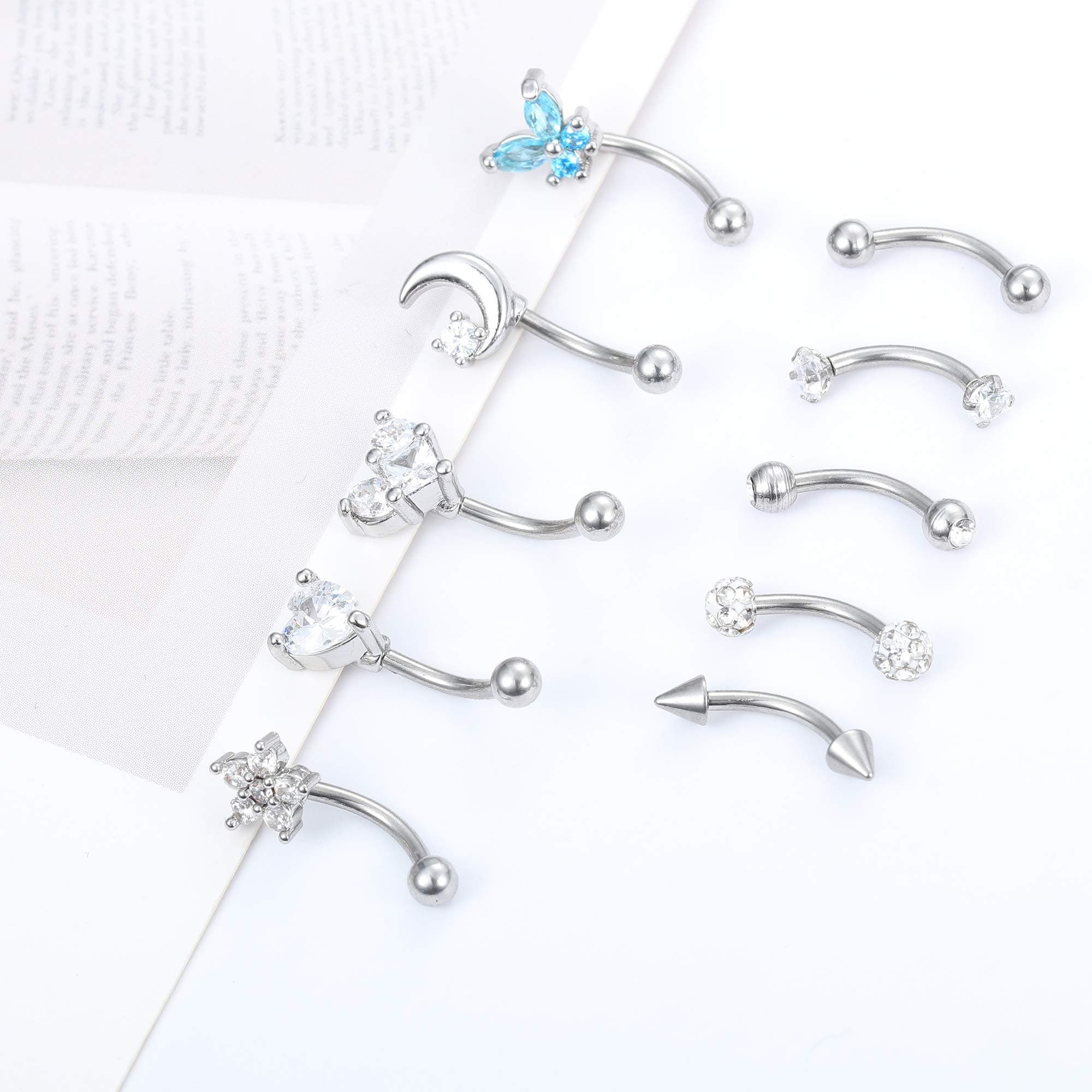 Drperfect 10Pcs 16G Rook Daith Earrings for Women Stainless Steel Belly Lip Ring Cartilage Tragus CZ Body Piercing Curved Barbell Eyebrow Rings 6-8mm