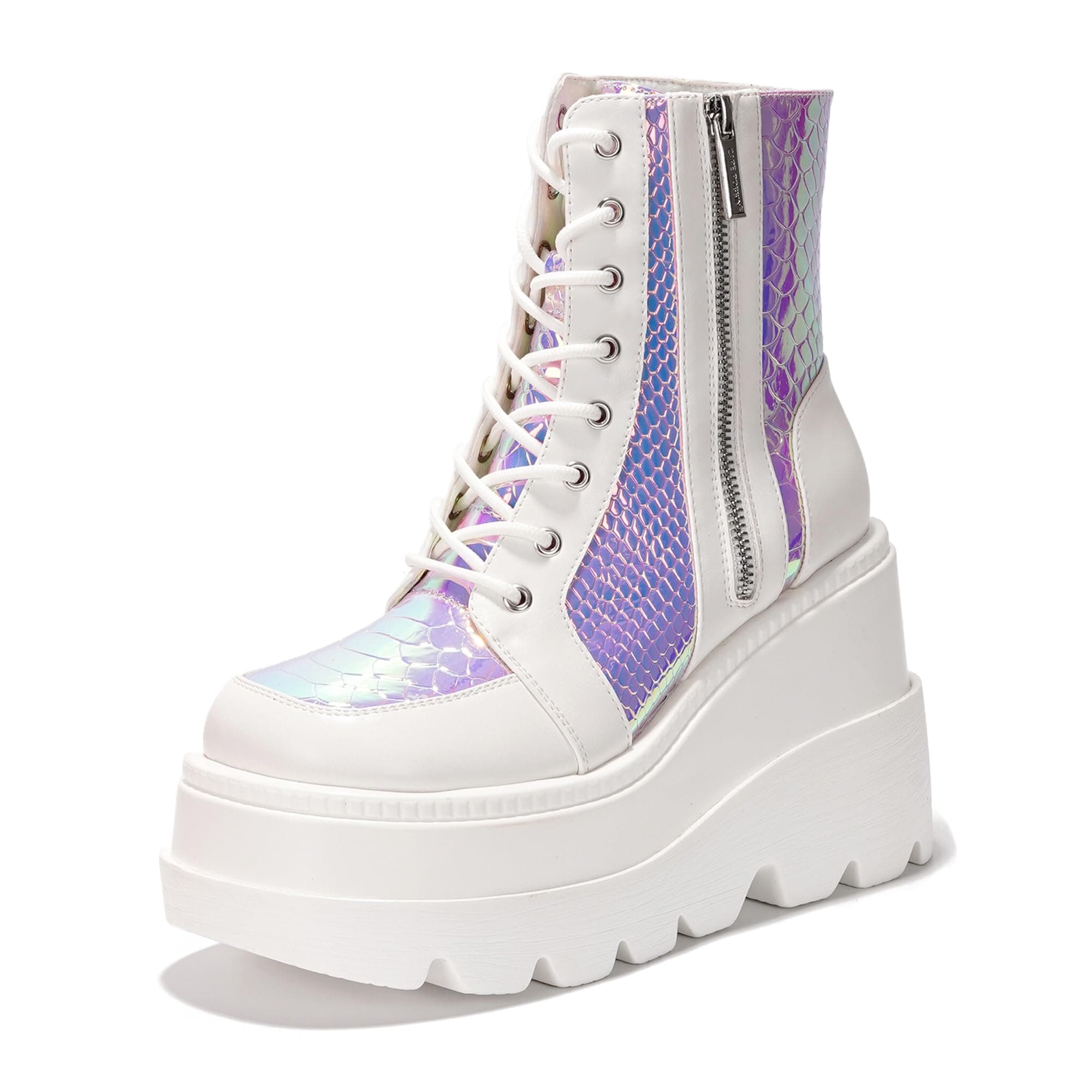 Holographic Platform Ankle Boots for Women Chunky Block Heels Pointed Toe PU Leather with Buckle Strap Retro Futuristic Style (Radio)