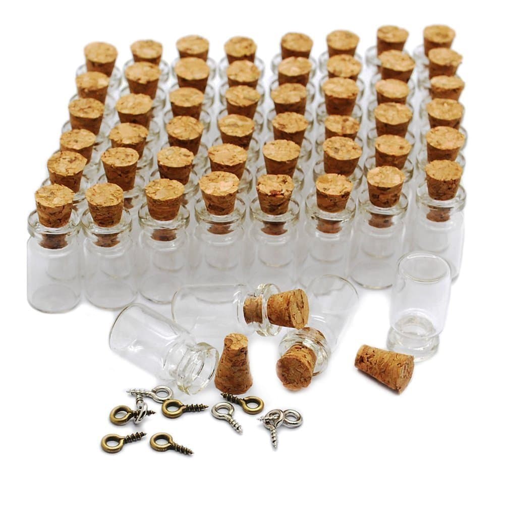 MIGK Mini Glass Bottles 1ml Small Vials with Cork Stoppers and Eye Screw Pins Jewelry Making Charms Message Treasure Beads Pendant (100 Pcs)