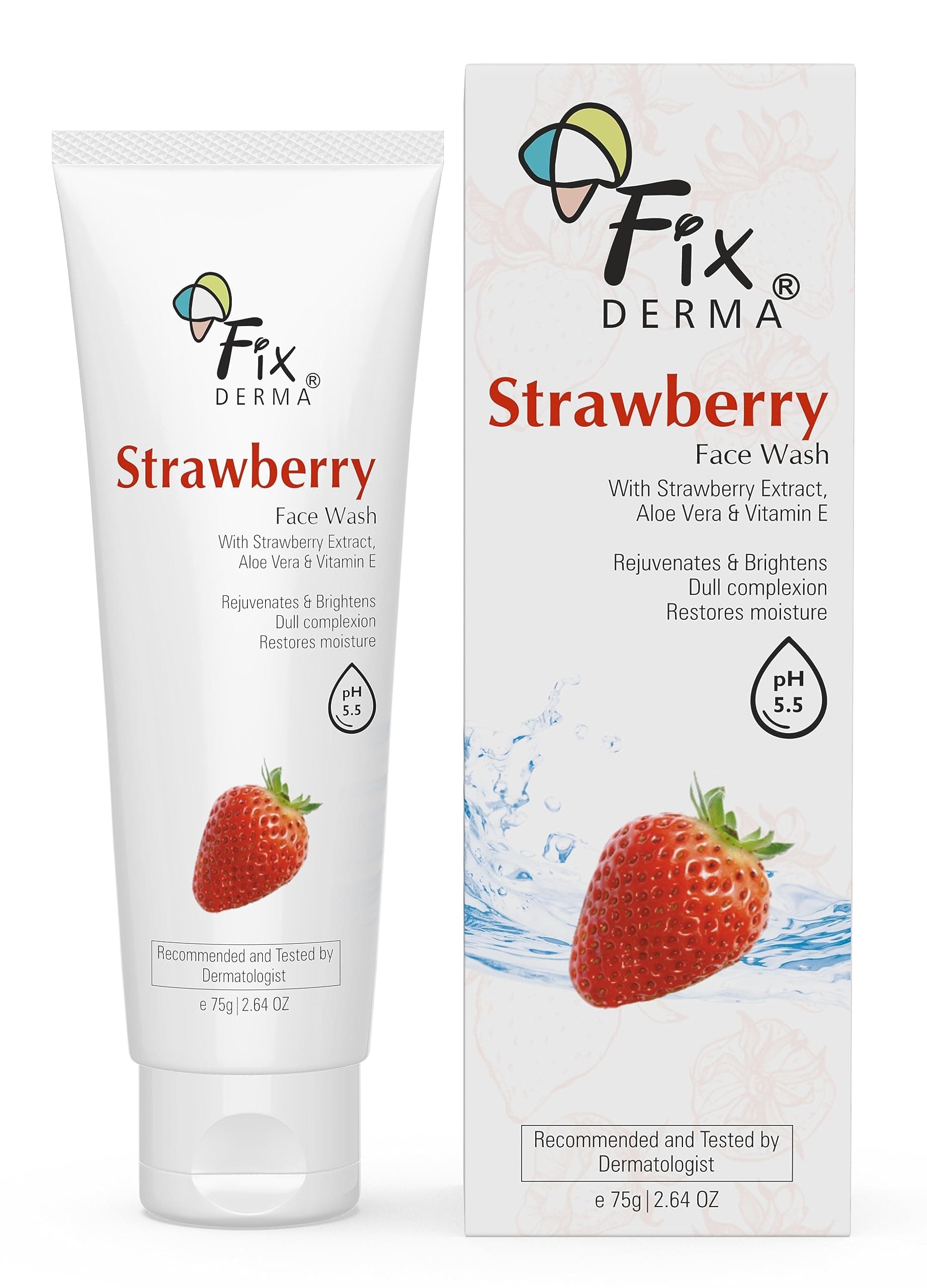 Fixderma Strawberry Face Wash with Vitamin E & Strawberry Extract | Face Wash & Face Cleanser | Face Wash for Oily Skin (All Type Skin) | Face Wash for Women & Men - 75g