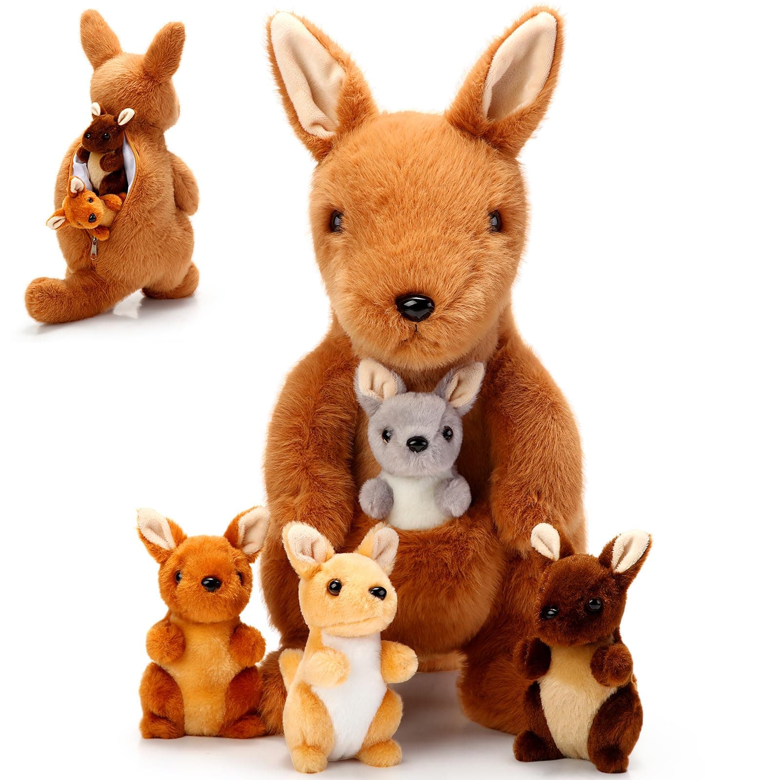 5 Pcs Kangaroo Stuffed Animals, 12 Inch Mommy Stuffed Kangaroo Plush Toy with 4 Babies Insides, Kangaroos with Joey Plush Toys and Pouch for Kids Birthday Gift Easter Party Favors(Brown)