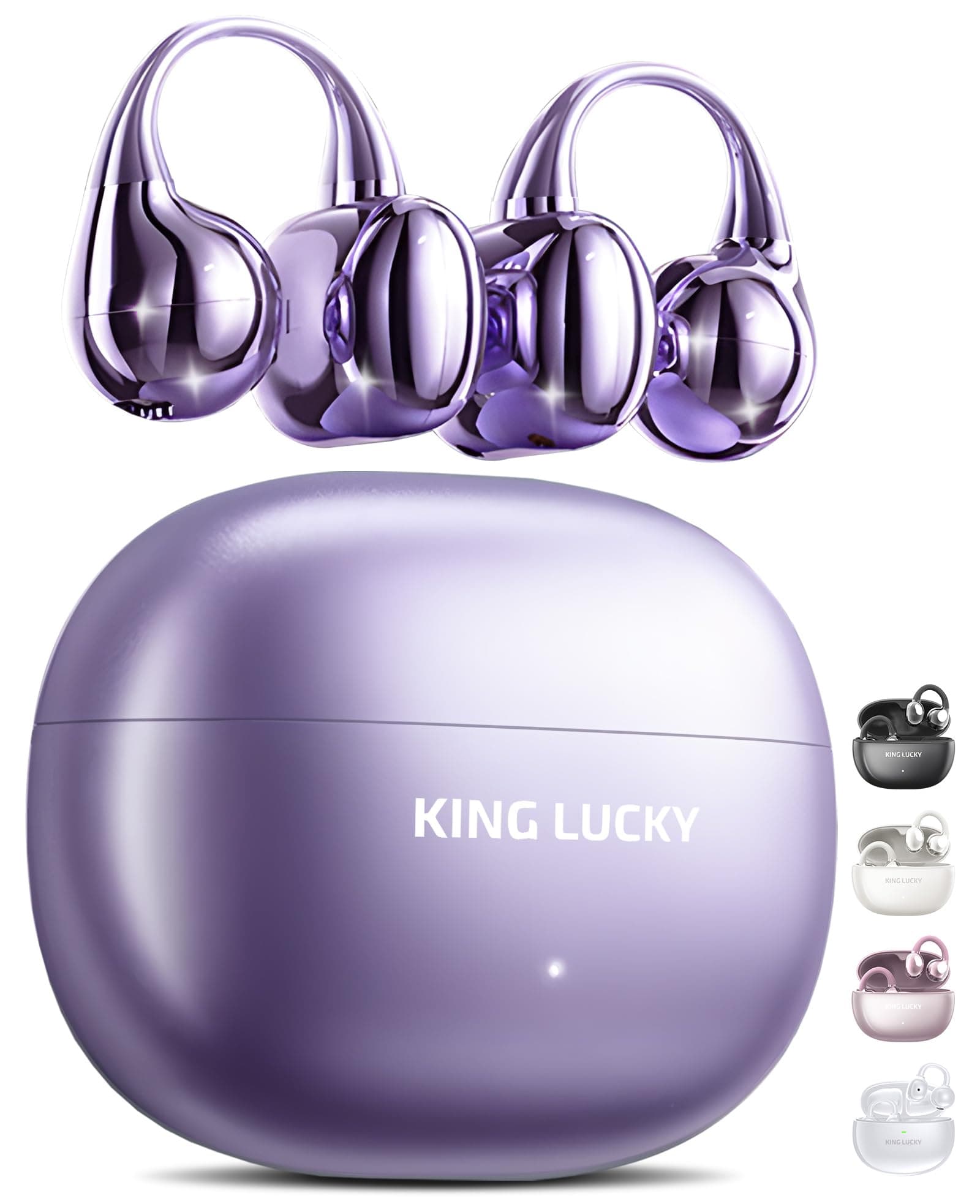 King Lucky Clip on Earbuds Open Ear Wireless Bluetooth 5.4 Headphones with Mic, 50H Play, Noise Cancelling, Waterproof, Comfortable for Small Ears & Glasses Wearers, Sports, Workouts, Purple