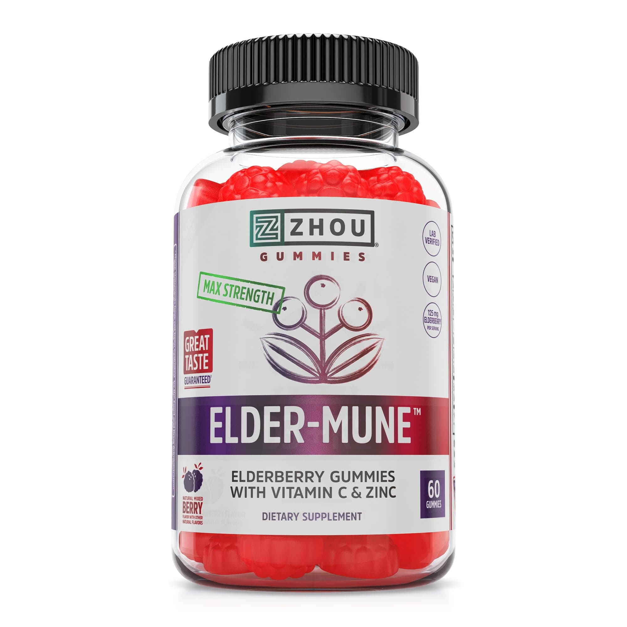 Nutrition Elder-Mune Sambucus Elderberry Gummies with Zinc and Vitamin C for Kids & Adults (Age 4+) Immune Support with Antioxidants, Vegan, Gluten Free, Non-GMO, 30 Servings, 60 Gummies