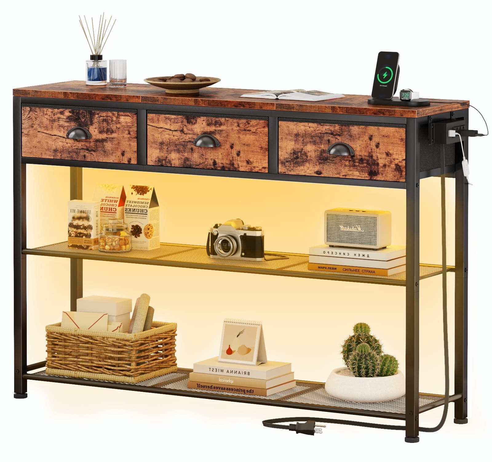 Furologee Console Table with Charging Station & 3 Fabric Drawers, 38'' Entryway Table with Storage Shelves and LED Light for Entry Way, Industrial Display Shelf for Hallway, Foyer, Rustic Brown | 3 Fabric Drawers, Storage Shelves, LED Light, Entry Way, Hallway