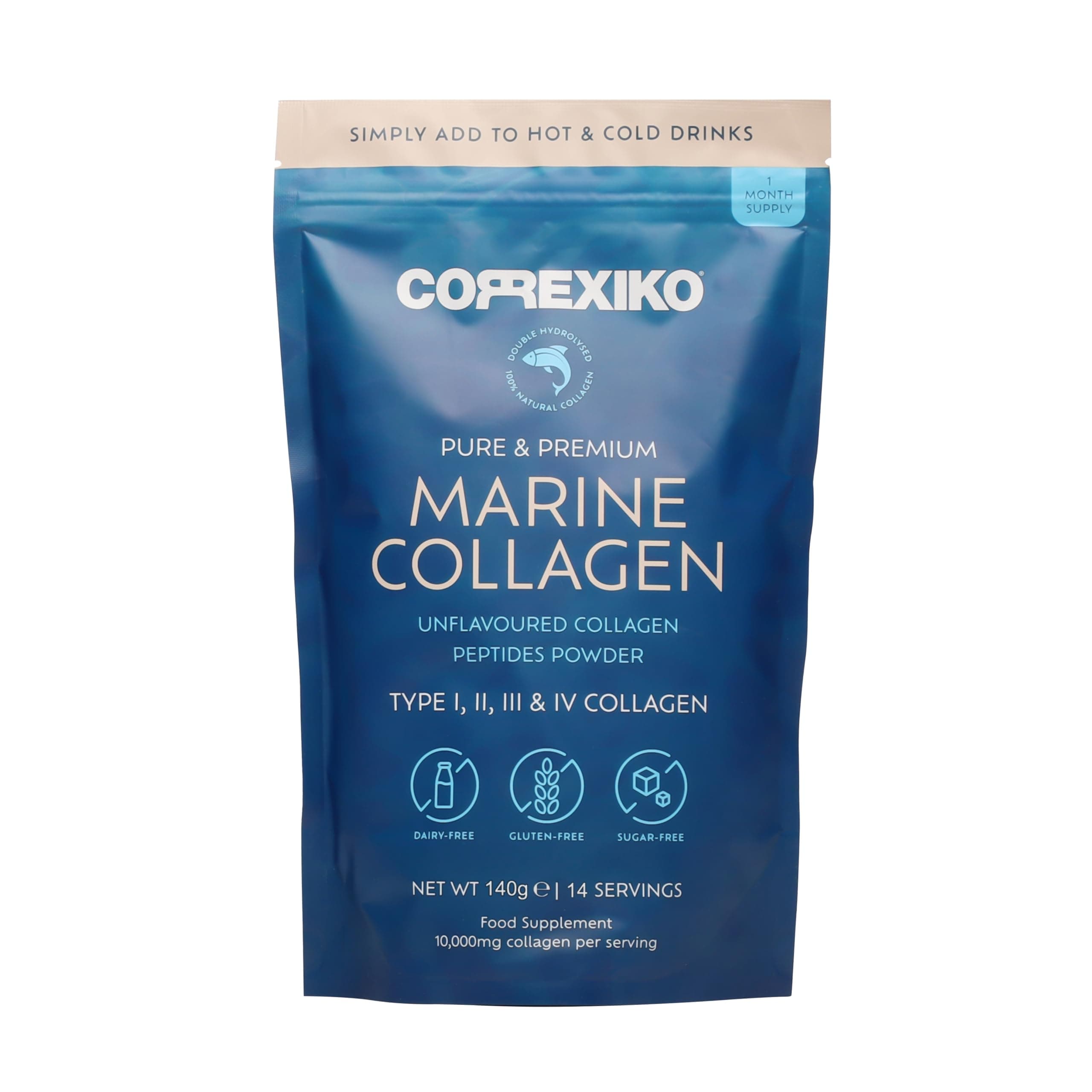 CORREXIKO Marine Collagen Powder Supplement Unflavoured - 10,000mg Double Hydrolysed Collagen Peptides per Serving - Formulated for Maximum Absorption - for Hair, Skin & Nails - 140g, 14 Servings