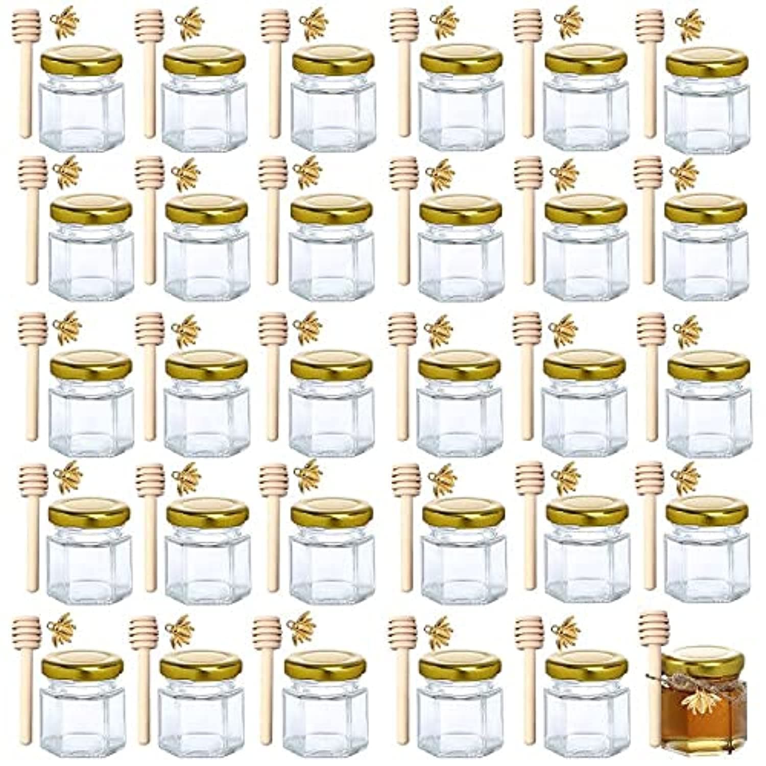1.5 oz Hexagon Mini Glass Honey Jars -30Pack Honey Jars with Wood Dipper, Gold Lid, Bee Pendants, Jutes - Perfect for Baby Shower, Wedding Favors, Party Favors