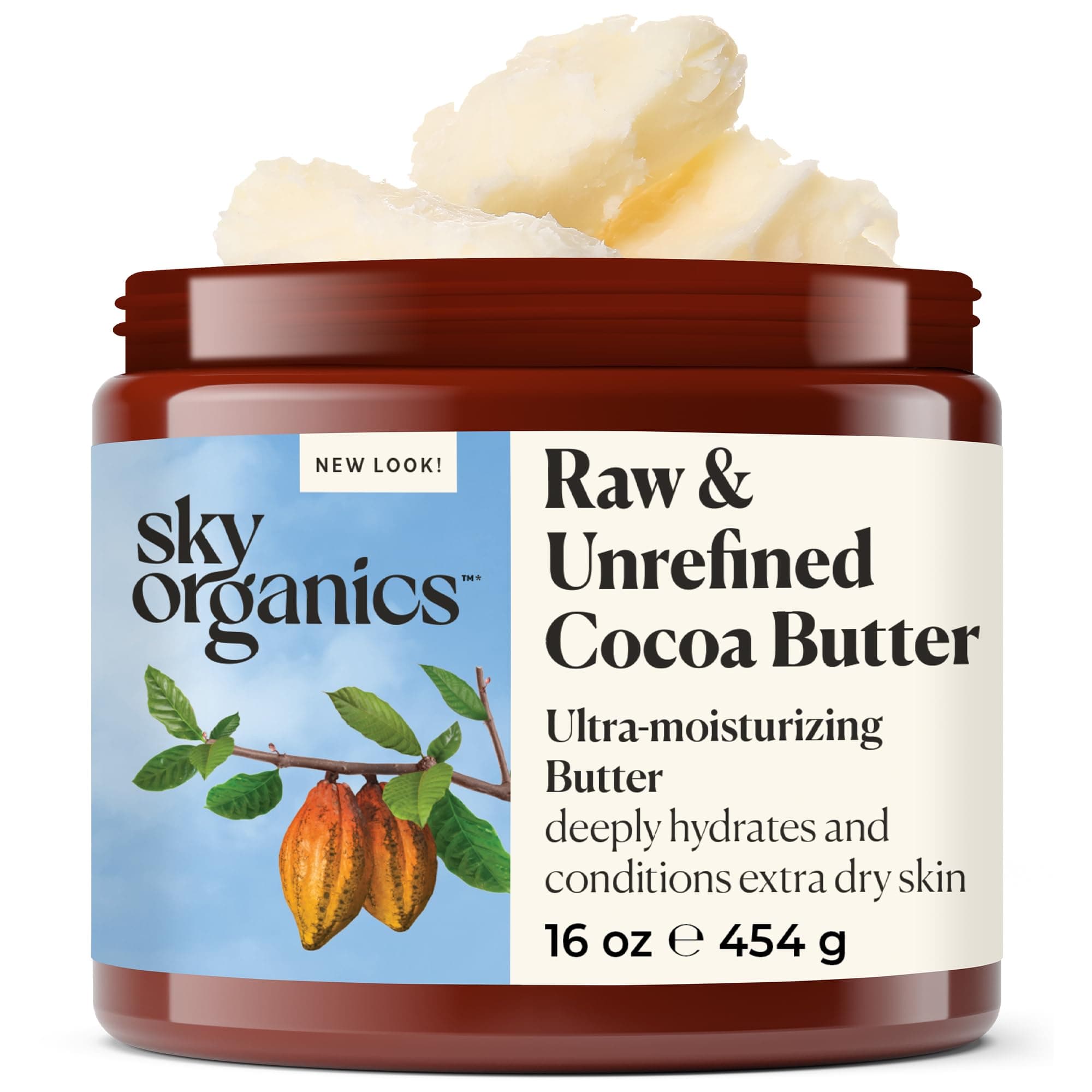 Unrefined Raw Cocoa Butter by Sky Organics (454g) Skin Nourishing Moisturizing & Healing For Dry Skin Stretch Marks For Skin Care Hair Care & Diy Recipes