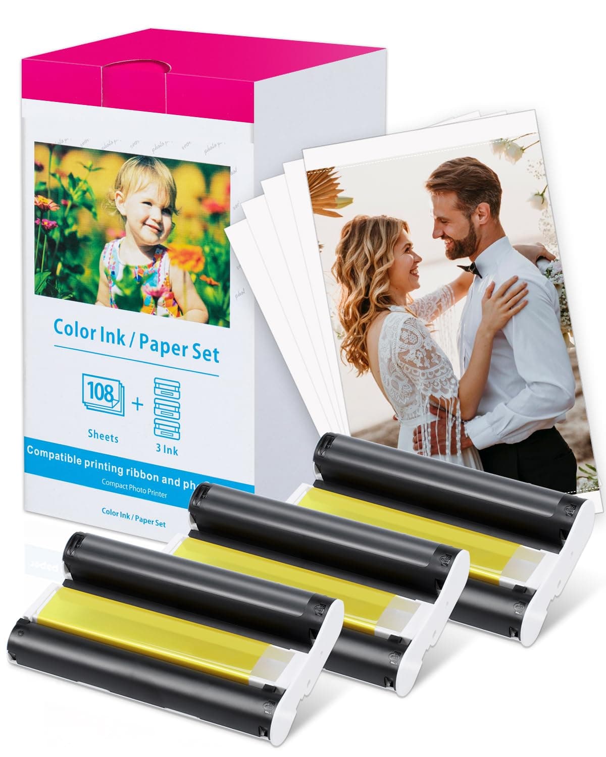 Compatible with Canon Selphy Paper 3.5'' x 5'' for CP1500 CP1300 CP1200 CP1000, KL-108IN KL108 3 Color Ink Cartridges and 108 Photo Paper Sheets (Glossy Paper) for Selphy CP Photo Printers