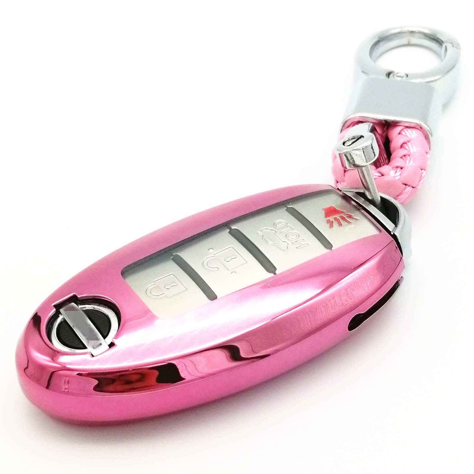 Cajek for Nissan Key Fob Case TPU Skin Cover Protector with Key Chain Compatible with 2018 2019 2020 Nissan Altima Sentra Rogue Murano Maxima Versa Leaf Titan Keyless Remote Control (Pink)