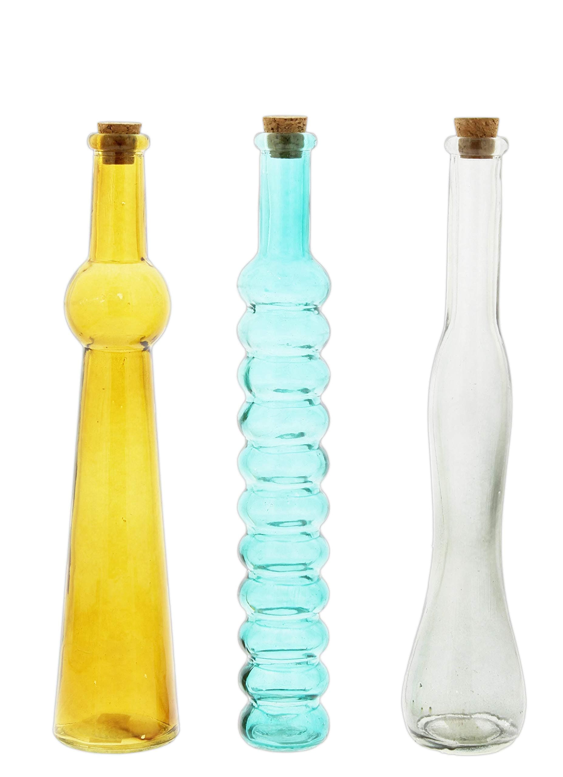 Lucky Winner Set of 3 Thin Tall Glass Decorative Bottles with Corks in Yellow, Blue, & Grey, 12"