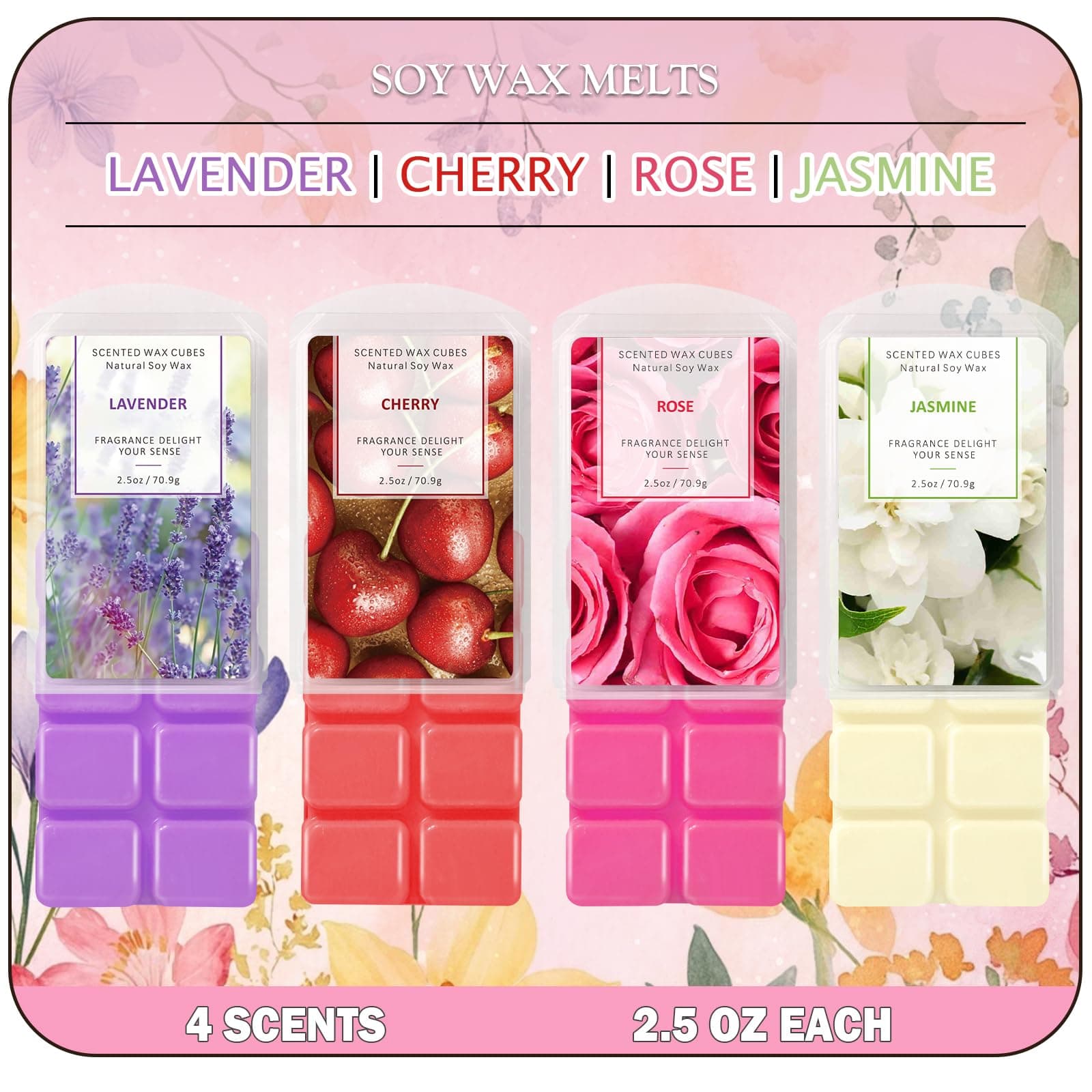 SCENTORINI Wax Melts - Melts Cubes for Wax Warmers, Christmas Decor, Rose, Lavender, Jasmine, Cherry, 4 x 2.5 oz