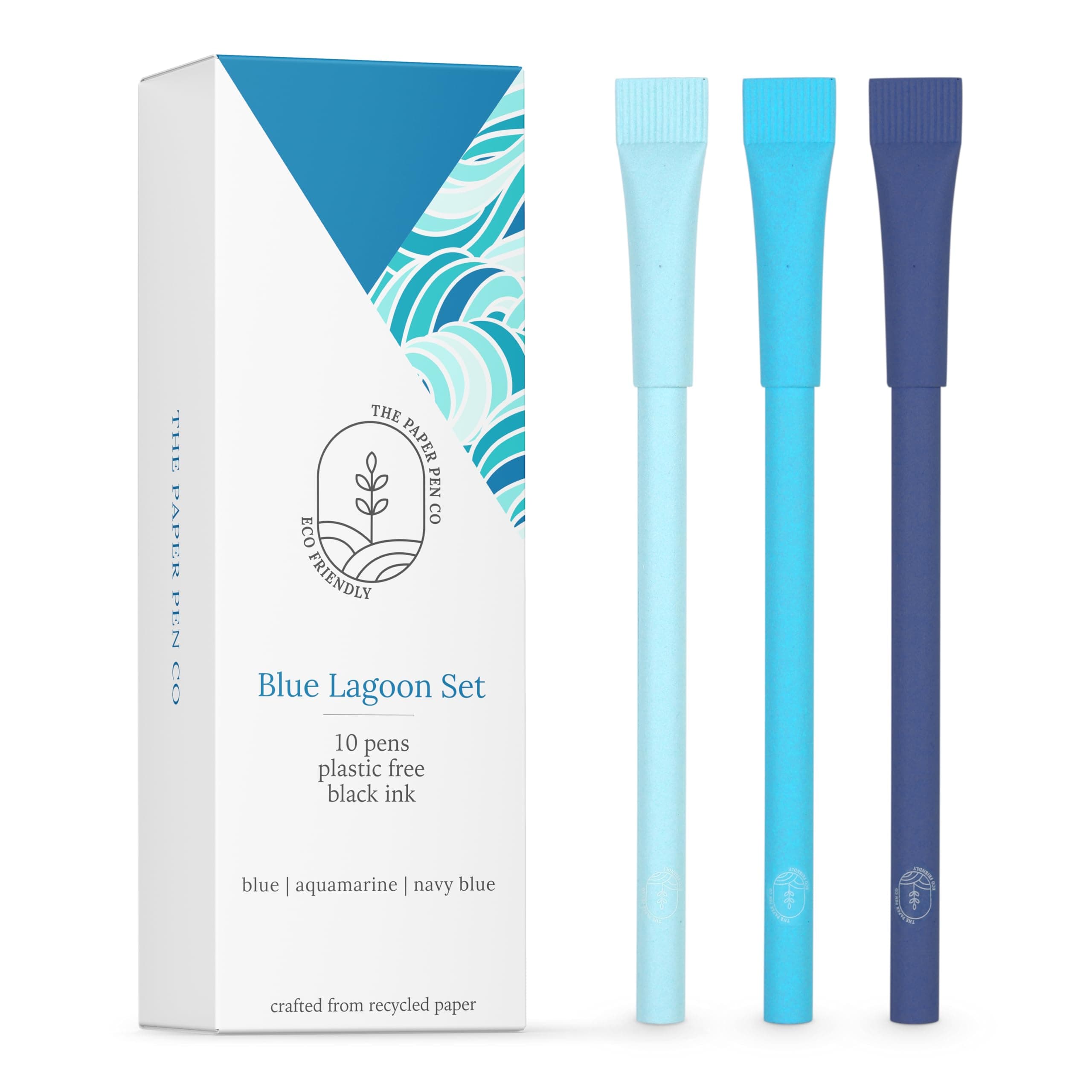 eco-friendly pen - crafted from 100% recycled paper, plastic-free, black Ink, pack of 10, Blue Lagoon set