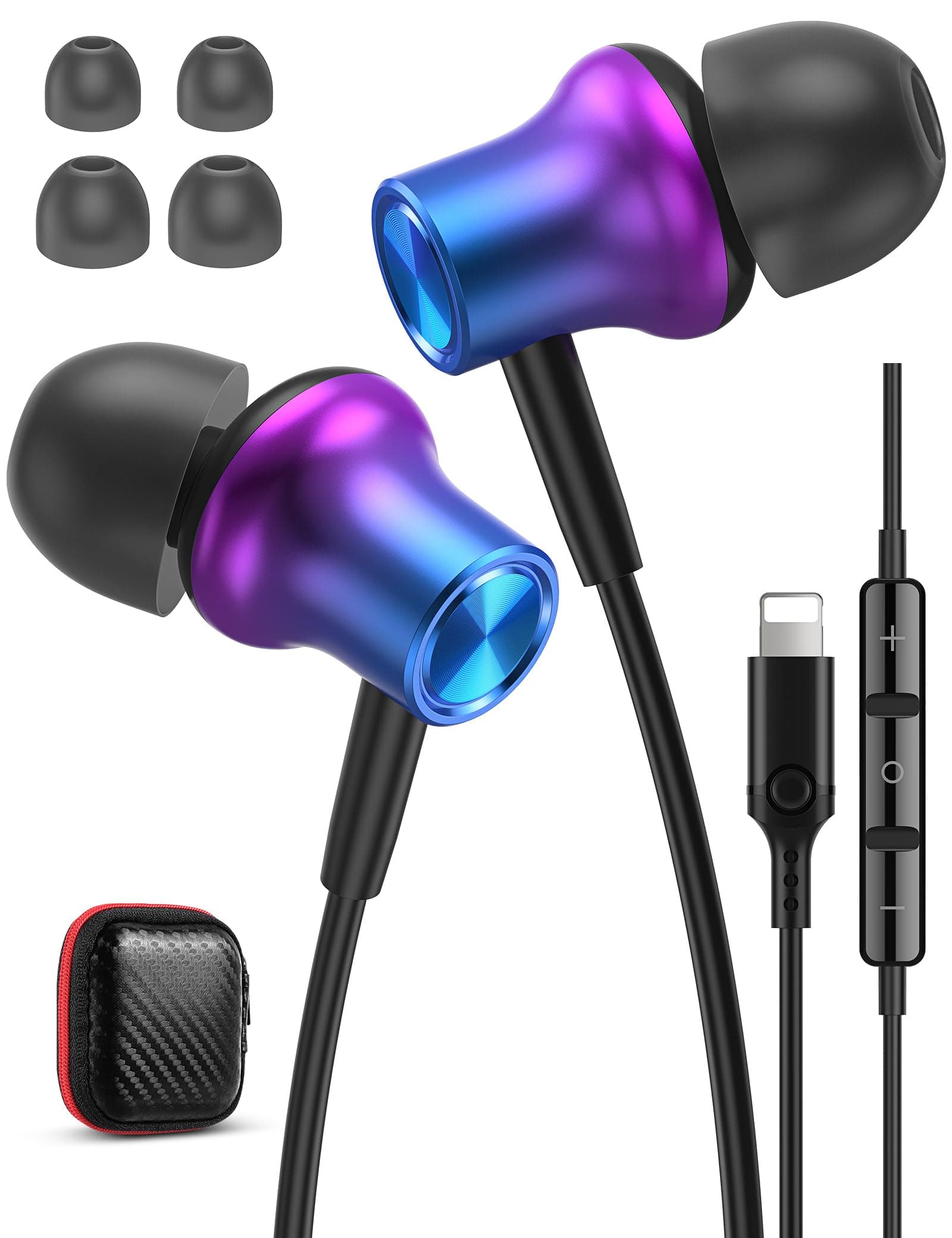 Apple MFi Certified iPhone Earbuds, Wired with Microphone, Genuine Lightning Lightning Lightning Earbuds, In-Ear Type, Telework, Noise Canceling, Compatible with iPhone 13/12/11/X/XR/XS/XS Max/8/8P/7/7P/iPad/iPad, iPad, Deep Bass, Call Compatible, Remote Control, Case Included, Black