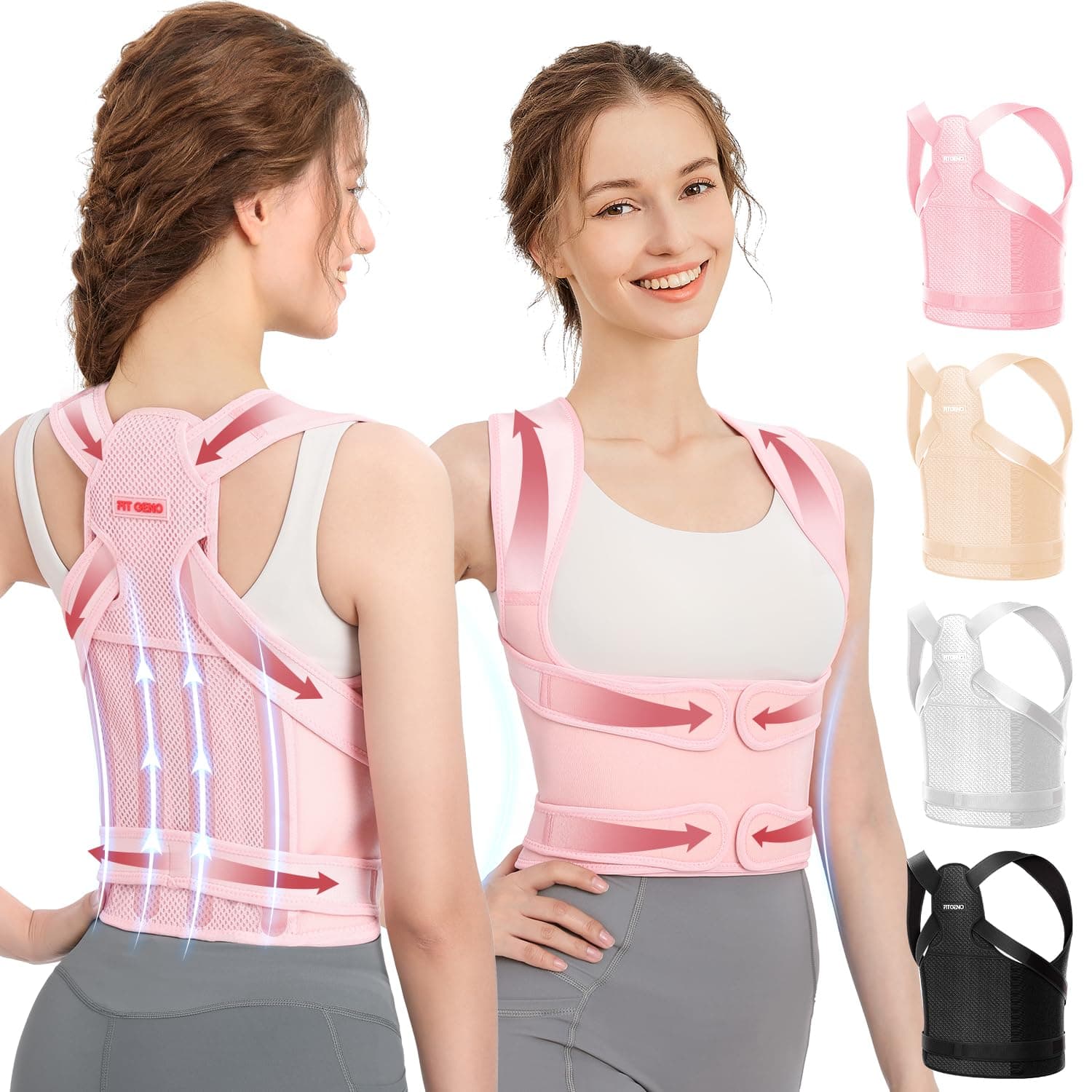 Fit Geno Back Brace Posture Corrector for Women, Shoulder Straightener, Adjustable Full Back Support, Upper and Lower Back Pain Relief - Scoliosis, Hunchback, Hump, Thoracic, Spine Corrector Pink