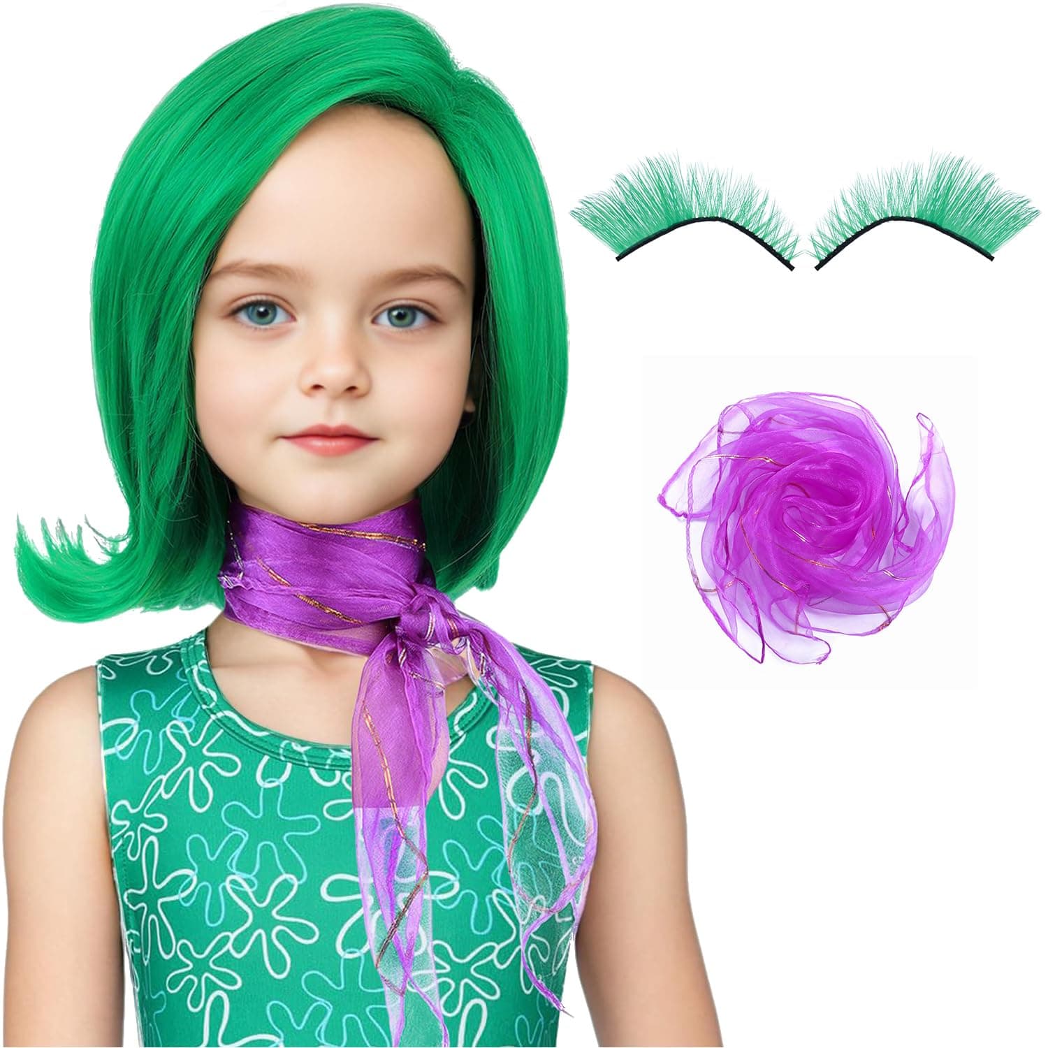 morvally Green Costume Wig with Scarf and False Eyelashes Short Green Wavy Wigs for Halloween Costume Emotion Anime Cosplay (Small Size)