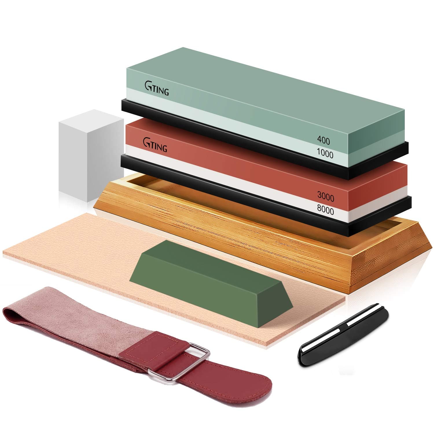 Knife Sharpening Stone Set, G-TING 400/1000 and 3000/8000 Grit Whetstone Knife Sharpener Kit with Leather Razor Strop, Leather Honing Strop, Polishing Compound, Bamboo Base and Flattening Stone