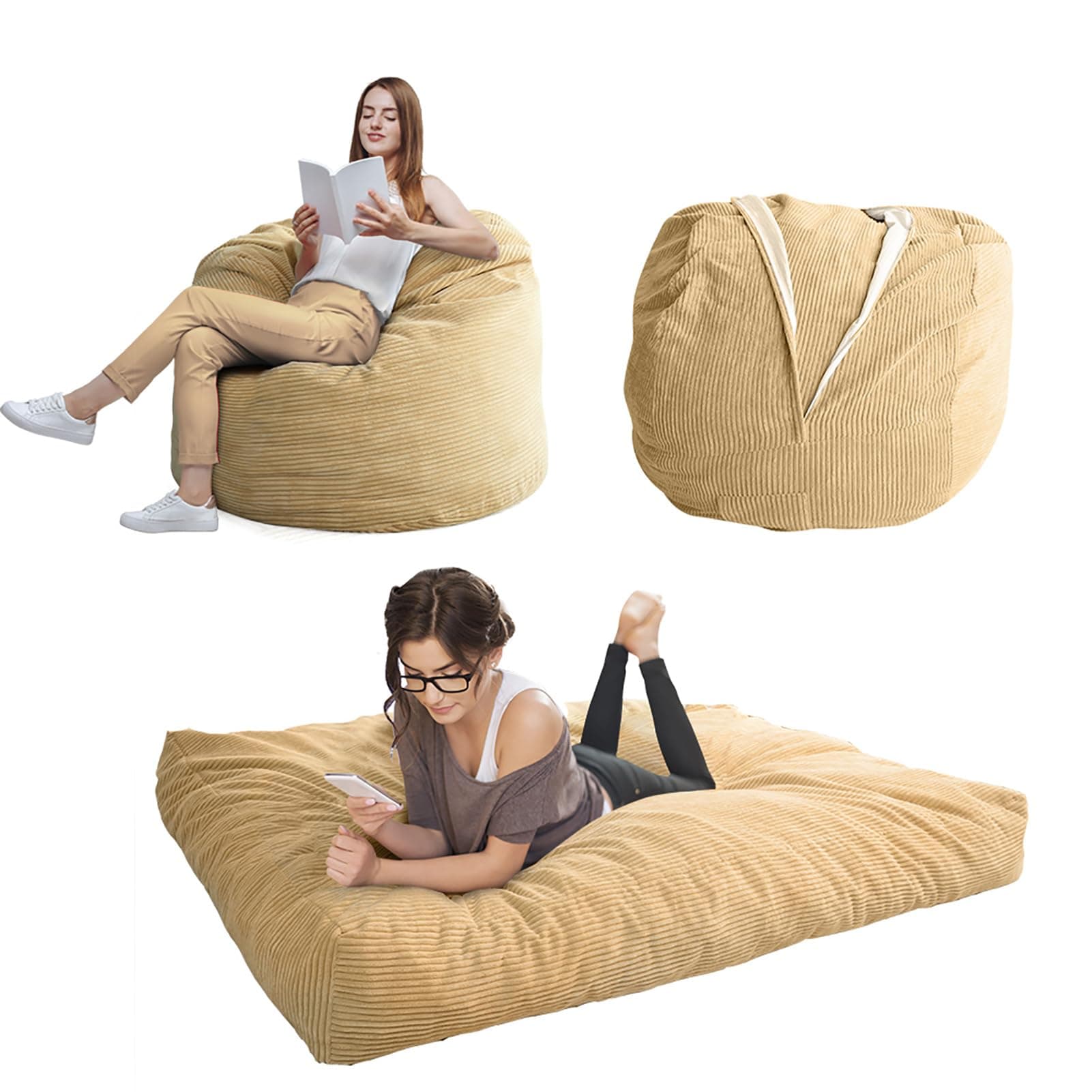 MAXYOYO Giant Bean Bag Chair Bed for Adults, Convertible Beanbag Folds from Lazy Chair to Floor Mattress Bed, Large Floor Sofa Couch, Big Sofa Bed, High-Density Foam Filling, Machine Washable
