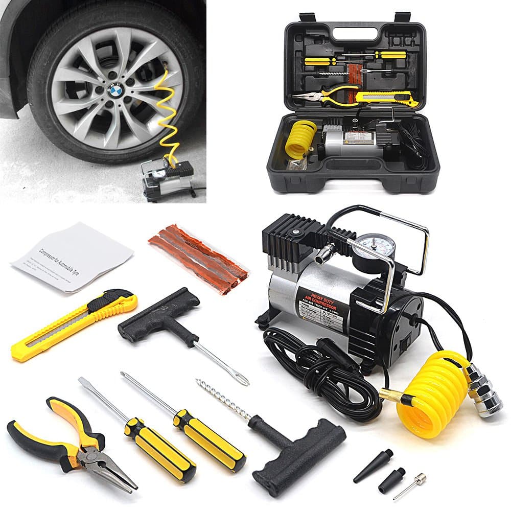 Heavy Duty Portable Air Compressor 12V Electric Car Tyre Inflator Pump & Accessories + Tyre Patch Kit with Storage Bag