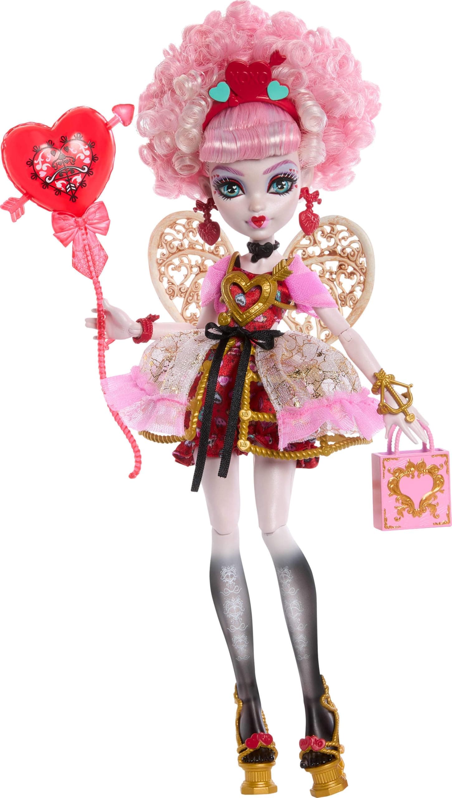 Scary Sweet Birthday Doll, Cupid Asteria in Pink and Red Party Dress with Themed Accessories Like Invite, Balloon, Gift and More