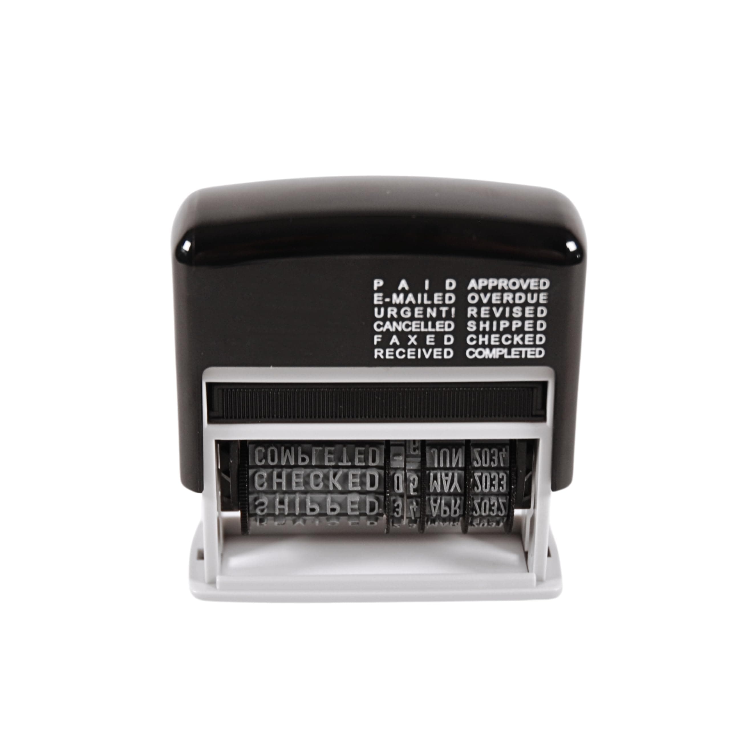 Cathedral Products 12-in-1 Self Inking Date Stamp - Date Stamp Plus 12 Phrases - 3.8mm Character Height, Black