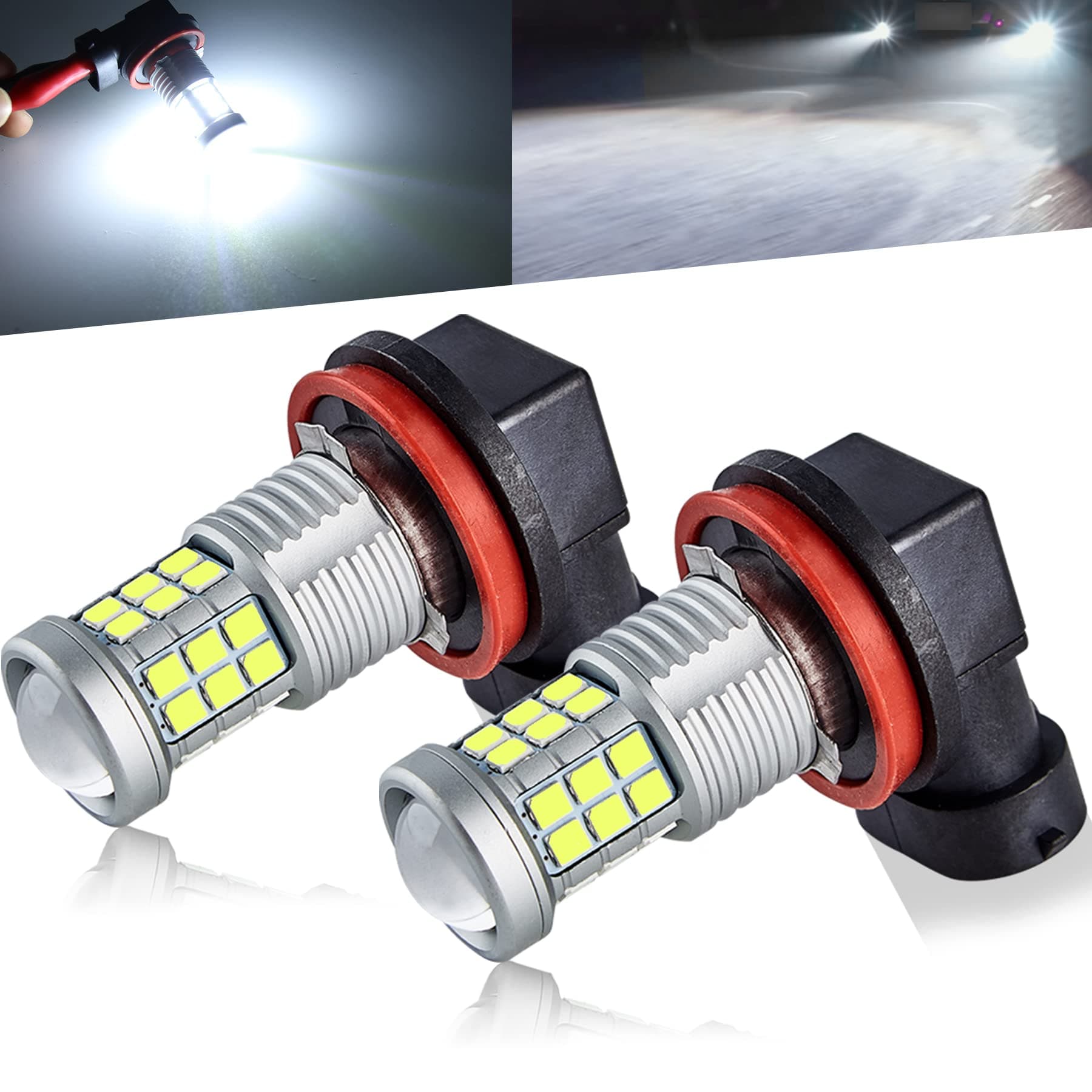 Super Bright 3000lm H8 H11 LED Fog Lights Bulbs DRL High Power 3030 Chips with Projector Lens Replacement for Cars Trucks, 6000K Xenon White