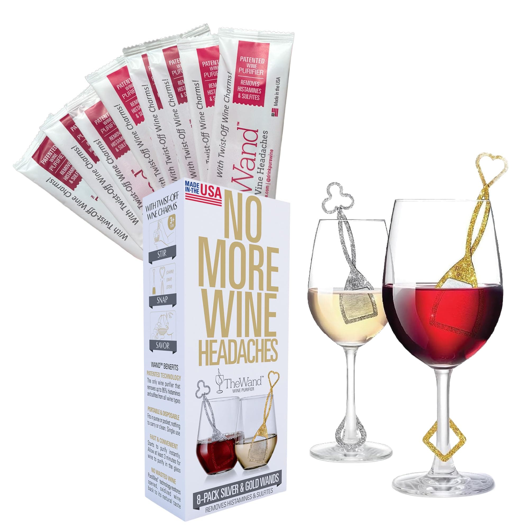 PureWine Silver & Gold Wand Histamine and Sulfite Filter, Purifier Reduces Wine Allergies, Stir Stick Aerates Wine - Pack of 8