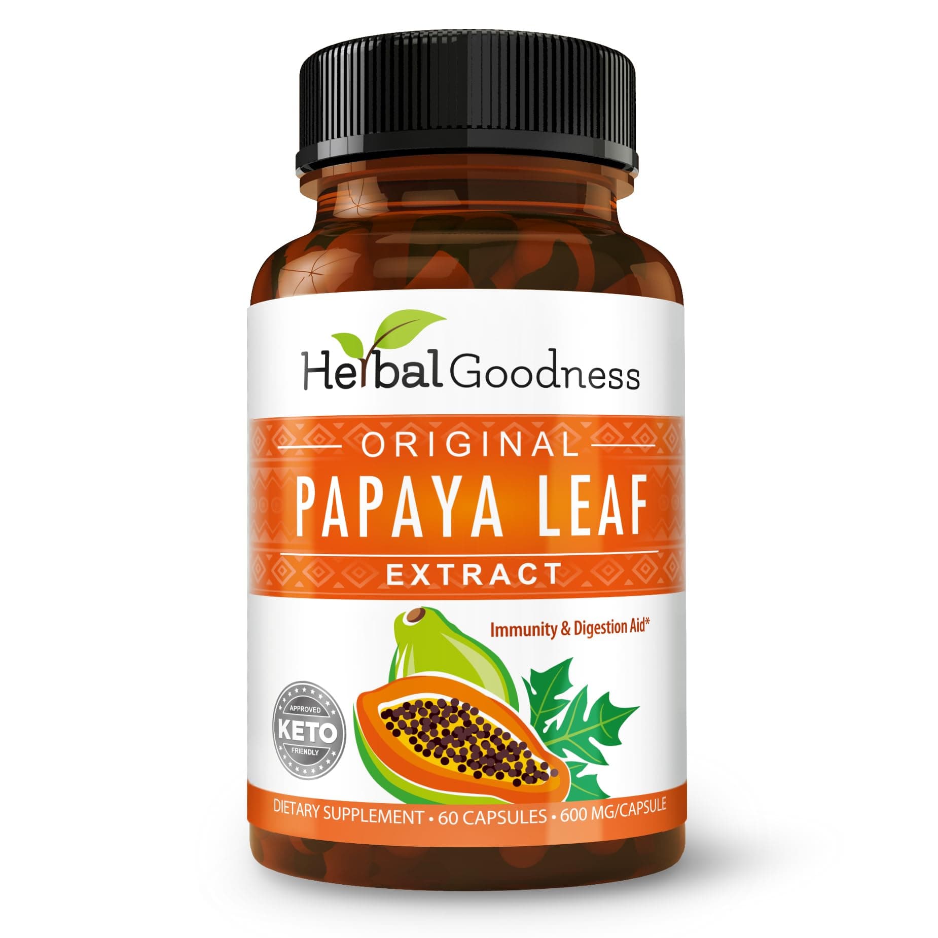 Herbal Goodness Papaya Leaf Extract Digestive Enzymes - 10X Strength 60/600mg Veg Capsules- Blood Platelet, Bone Marrow & Spleen Support, Immune Gut & Super Digestive Health - Made in USA