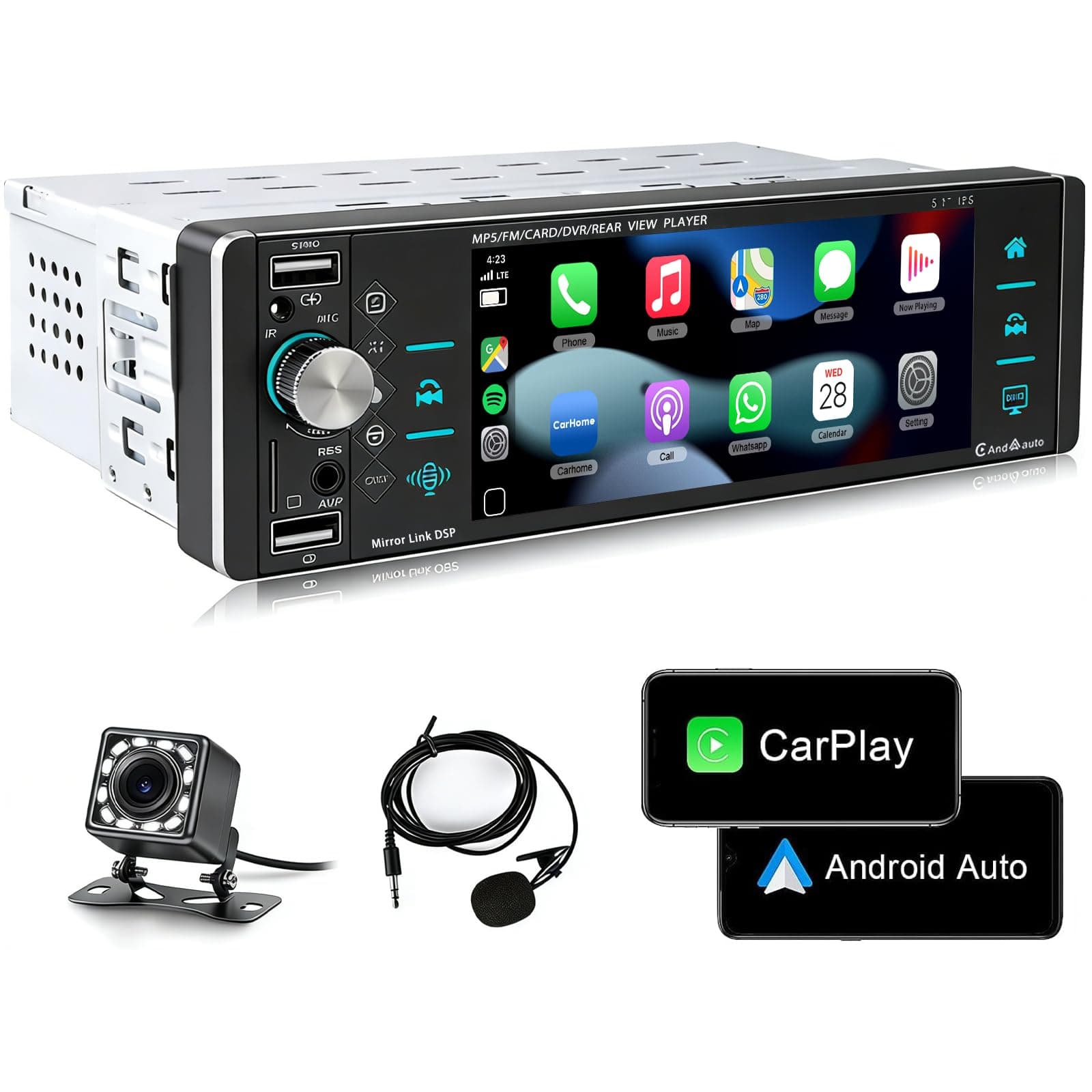 Single Din Car Stereo Compatible with Apple Carplay Android Auto, METEESER 5.1 Inch Bluetooth Car Stereo with Backup Camera, Touch Screen Car Radio Support FM/Mirror Link/SWC/USB/DVR/AUX-in
