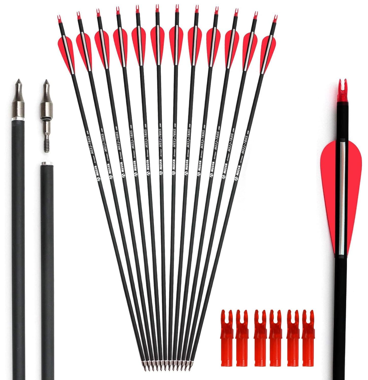 Musen 28"/30" Carbon Archery Arrows, Shaft Spine 500 with Removable Tips, GPI 13.0 Hunting and Target Practice Arrows for Both Compound Bow and Recurve Bow, 12 Pcs